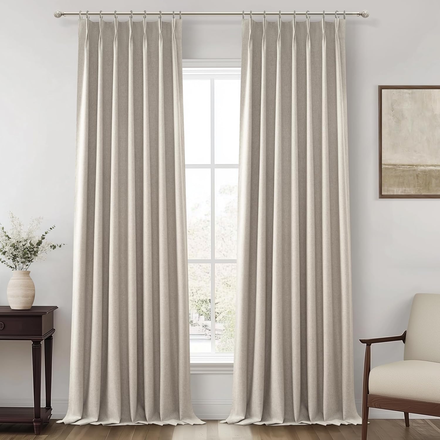 Natural Linen Pinch Pleated Blackout Curtains & Drapes 96 Inch Long Bedroom/Livingroom Farmhouse Curtains 2 Panel Sets, Neutral Track Room Darkening Thermal Insulated 8ft Back Tab Window Curtain