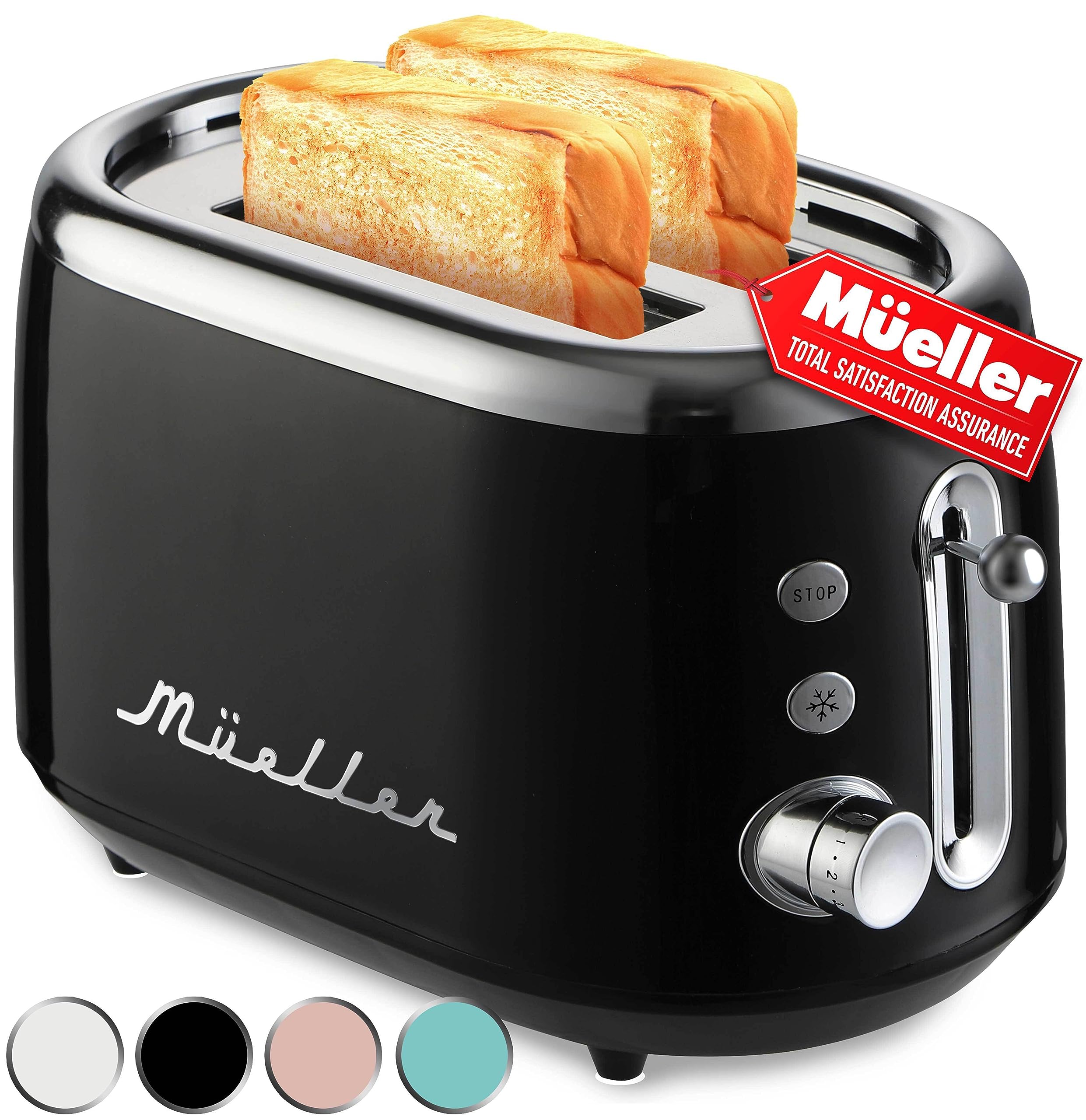 MUELLER HOME Retro Toaster 2 Slice, 7 Browning Levels, 3 Functions (Reheat, Defrost, Cancel), Stainless Steel Features, Removable Crumb Tray, Under Base Cord Storage, Turquoise
