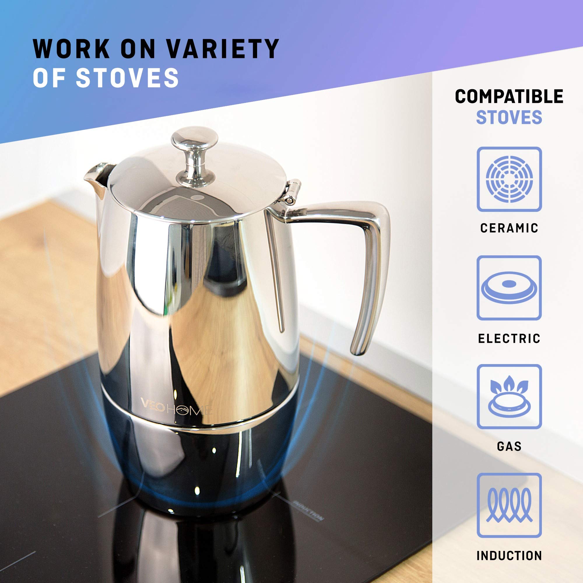 VeoHome Stovetop Espresso Coffee Maker - l Multi-Stove Stainless Steel Induction Moka Pot (300 mL)