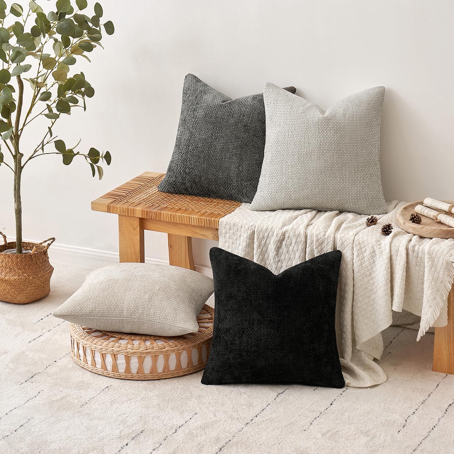 MIULEE Pack of 4 Couch Throw Pillow Covers 18x18 Inch Neutral Blue Soft Decorative Chenille Pillow Covers Farmhouse Accent Cushion Covers for Boho Western Spring Coastal Decor Sofa Bed Living Room