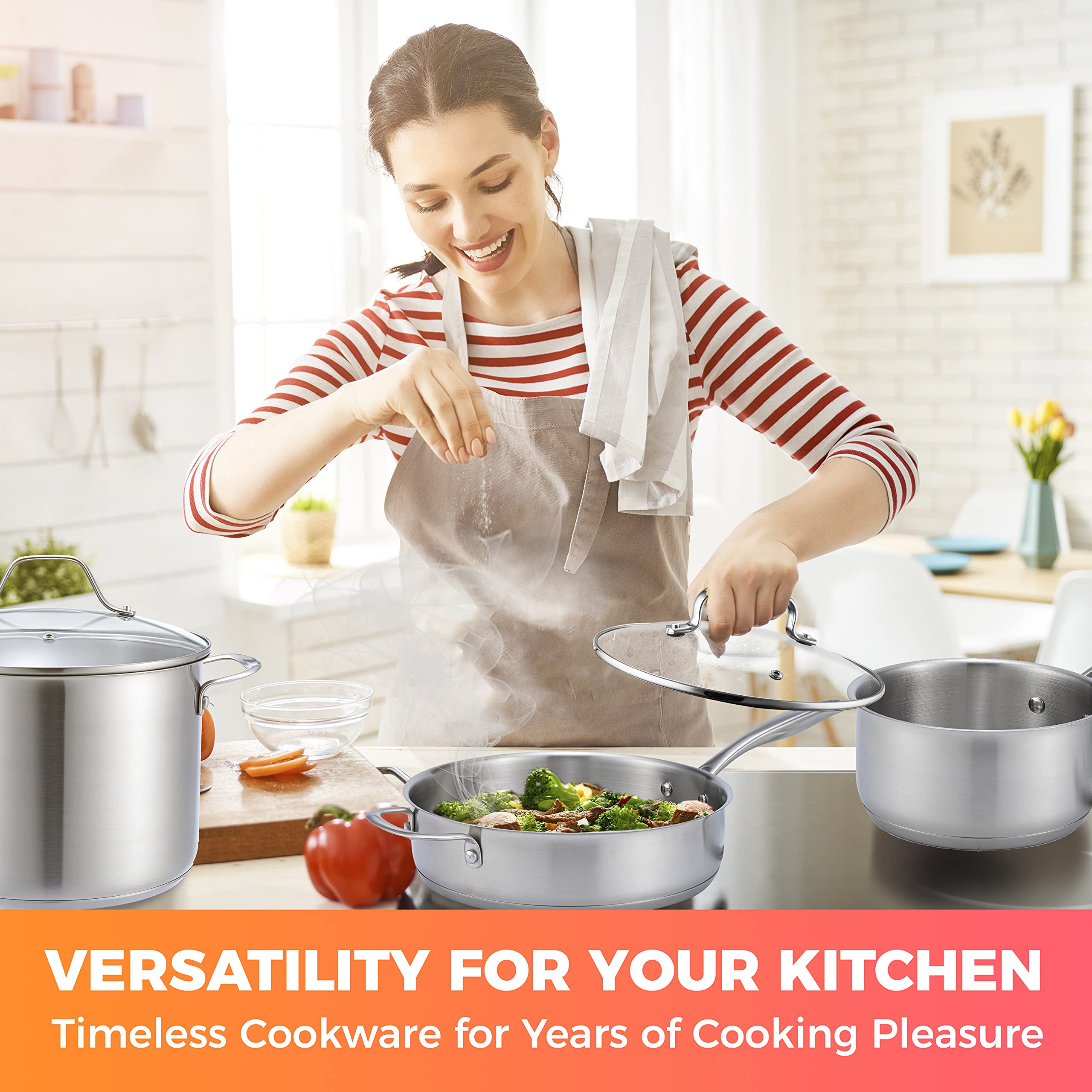 Mueller Pots and Pans Set 17-Piece, Ultra-Clad Pro Stainless Steel Cookware Set, Ergonomic EverCool Handle, Induction Cookware, Includes Saucepans, Skillets, Dutch Oven, Stockpot, Steamer For Cooking