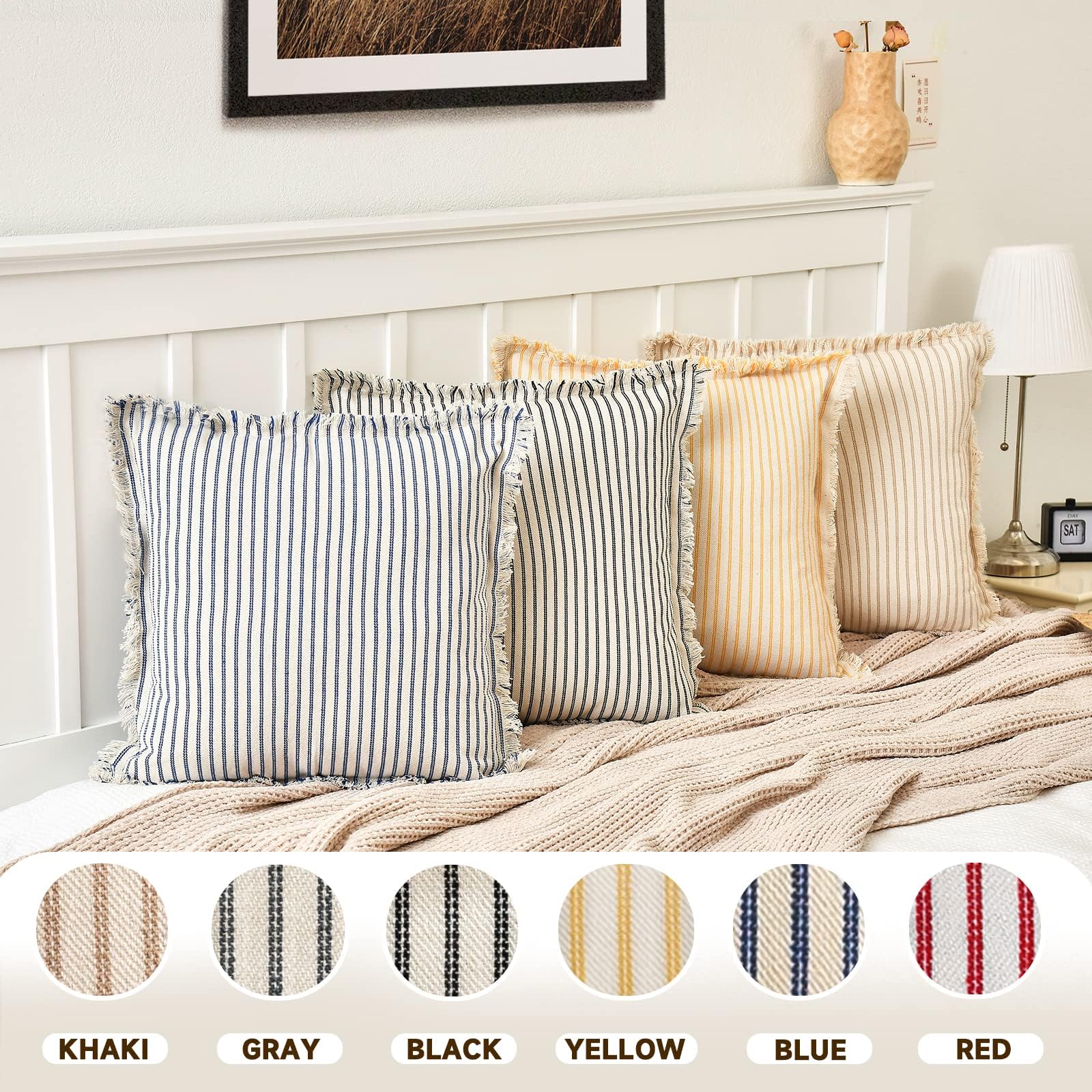 ZWJD Throw Pillow Covers 20x20 Set of 2 Striped Pillow Covers with Fringe Chic Cotton Decorative Pillows Square Cushion Covers for Sofa Couch Bed Living Room Farmhouse Decor, (Gray)
