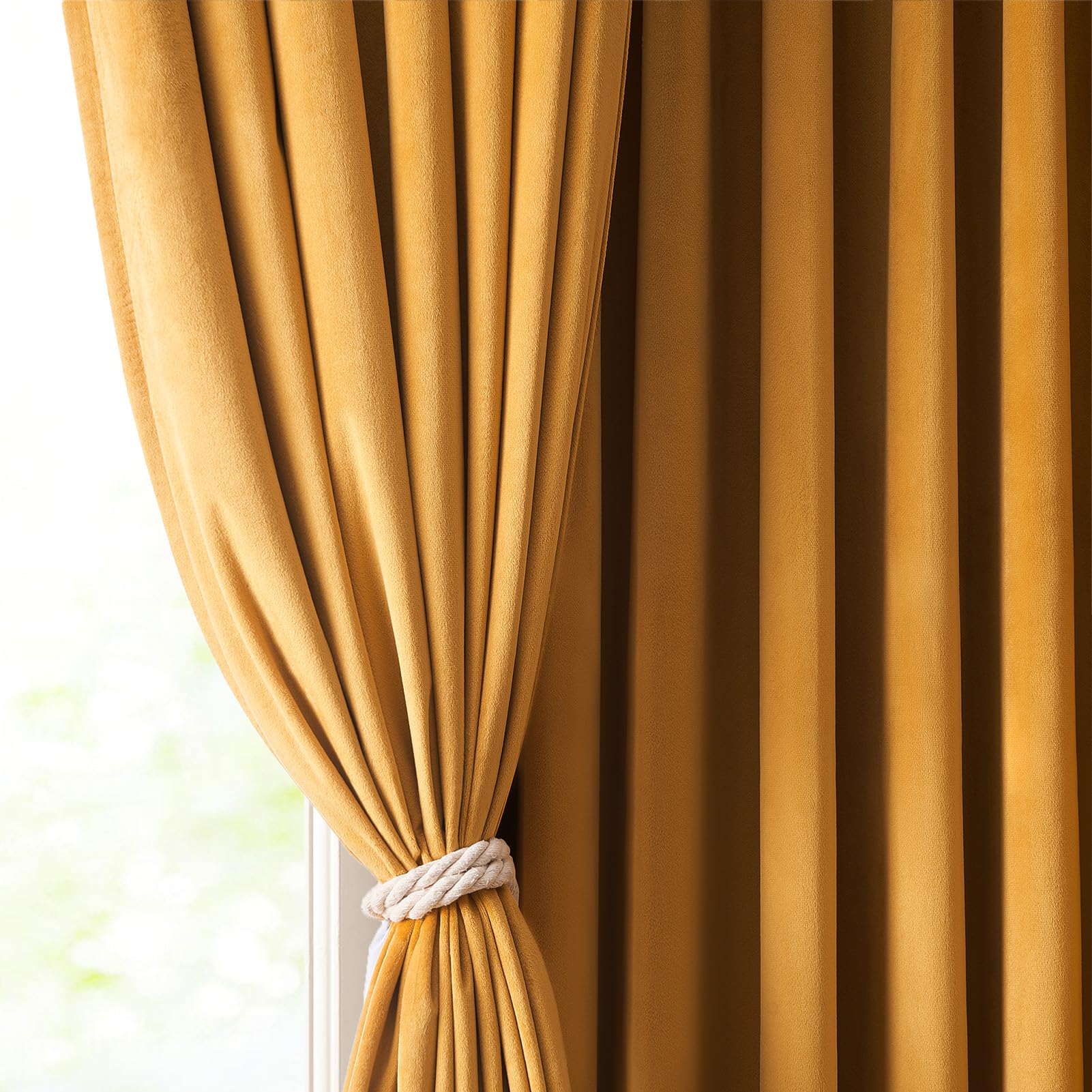 Topfinel 108 Inches Long Mustard Yellow Velvet Blackout Curtains for Living Room Large Window, Pinch Pleated Pastel Gold Cold Block Acoustic Floor Length Boho Track Curtains 2 Panels, 9 FT Valentines