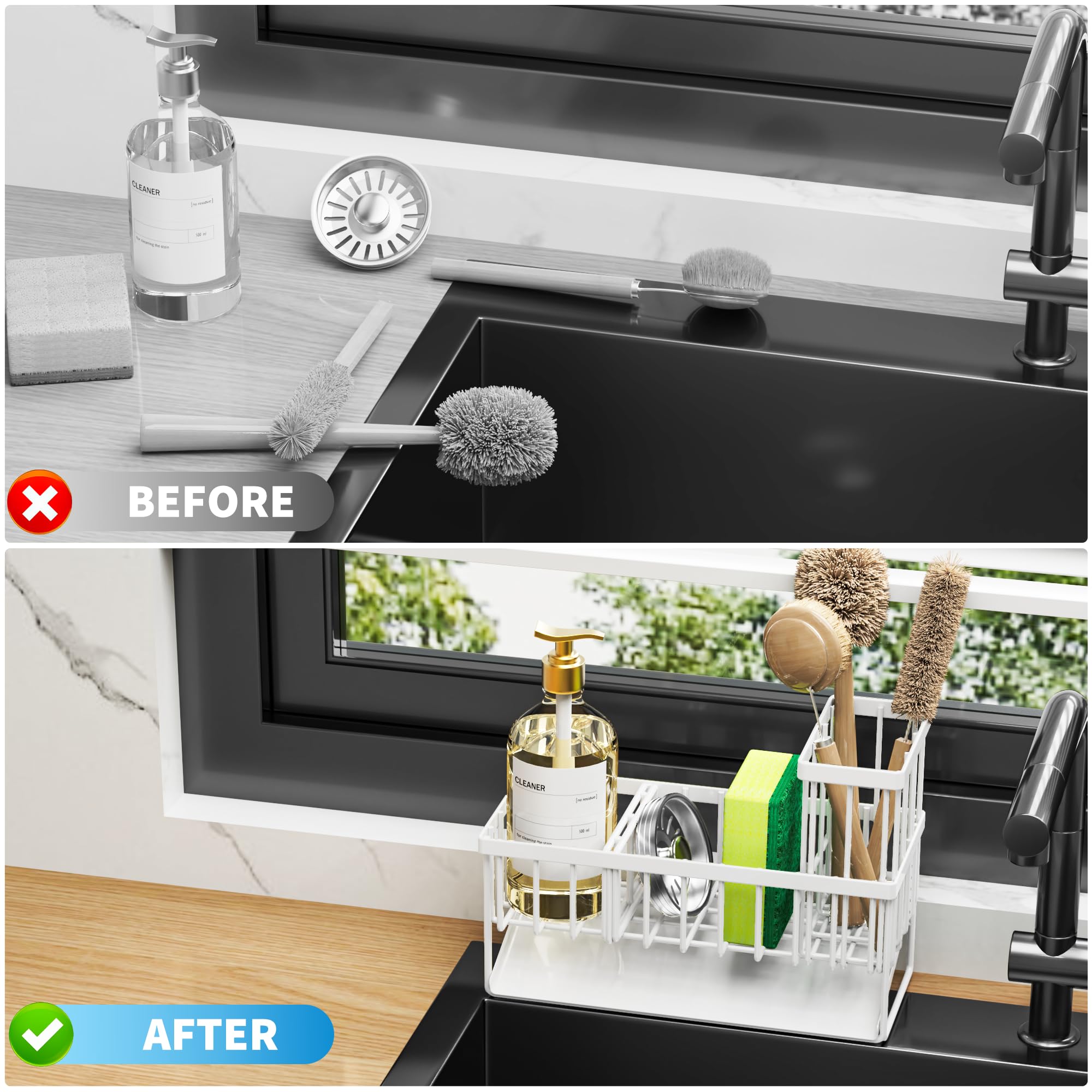 Cisily Sink Caddy Sponge Holder for Kitchen with Brush Holder and Stainless Steel Self Drain Tray, Rustproof Kitchen Sink Organizer for Sponge, Soap Dispenser Storage Accessories