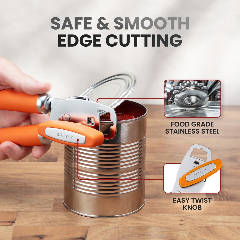 Zulay Kitchen COMFY™ Can Opener Manual with Bottle Opener - Rust Proof Stainless Steel Manual Can Opener With Turn Knob & Comfy Soft Grip Handles - Black