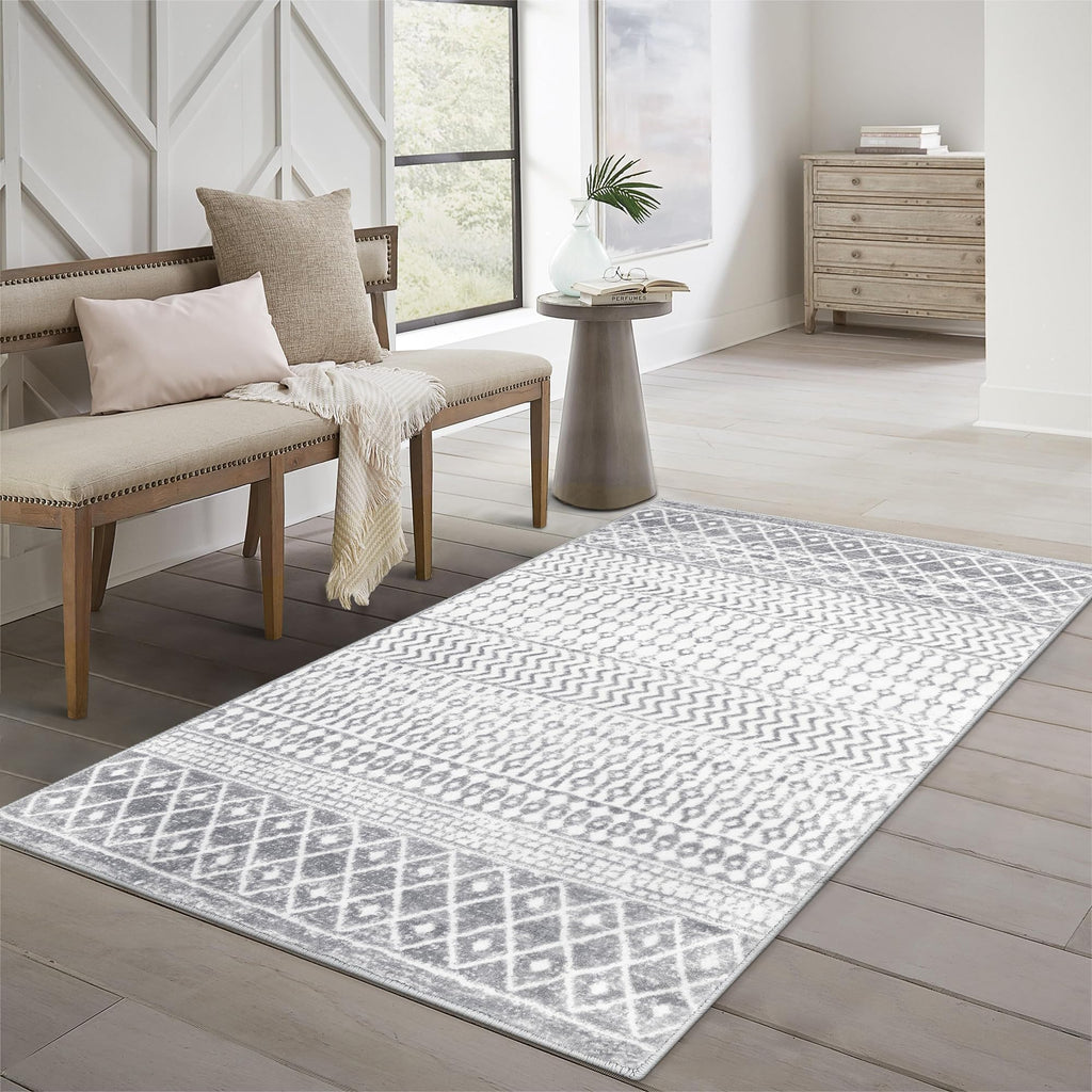 Moroccan Washable Rugs, 2x3 Light Grey Rug Non-Slip Small Distressed Entryway Rugs, Soft Low-Pile Bedroom Rug Indoor Doormat Carpet for Entryway Kitchen Bathroom