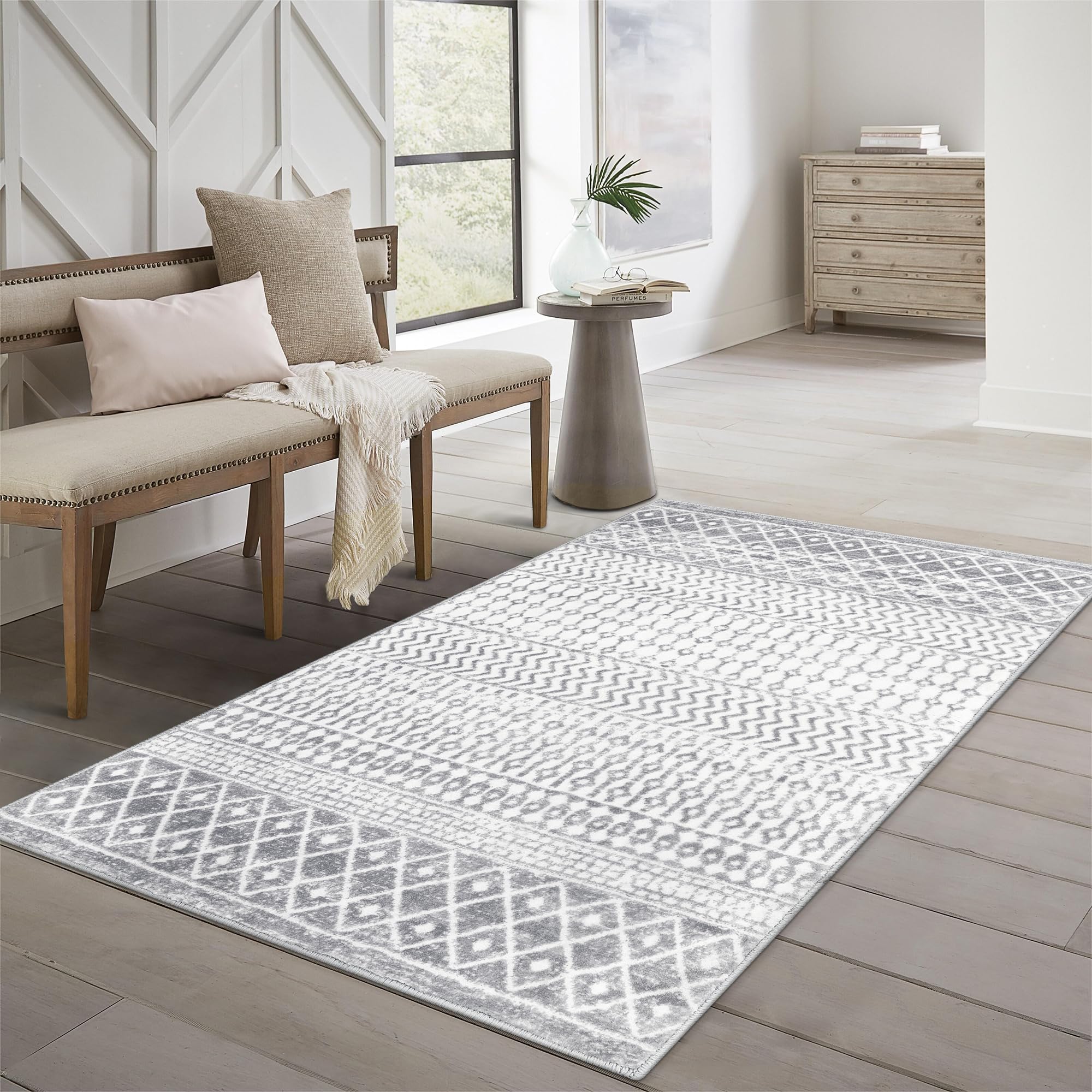 Moroccan Washable Rugs, 2x3 Light Grey Rug Non-Slip Small Distressed Entryway Rugs, Soft Low-Pile Bedroom Rug Indoor Doormat Carpet for Entryway Kitchen Bathroom
