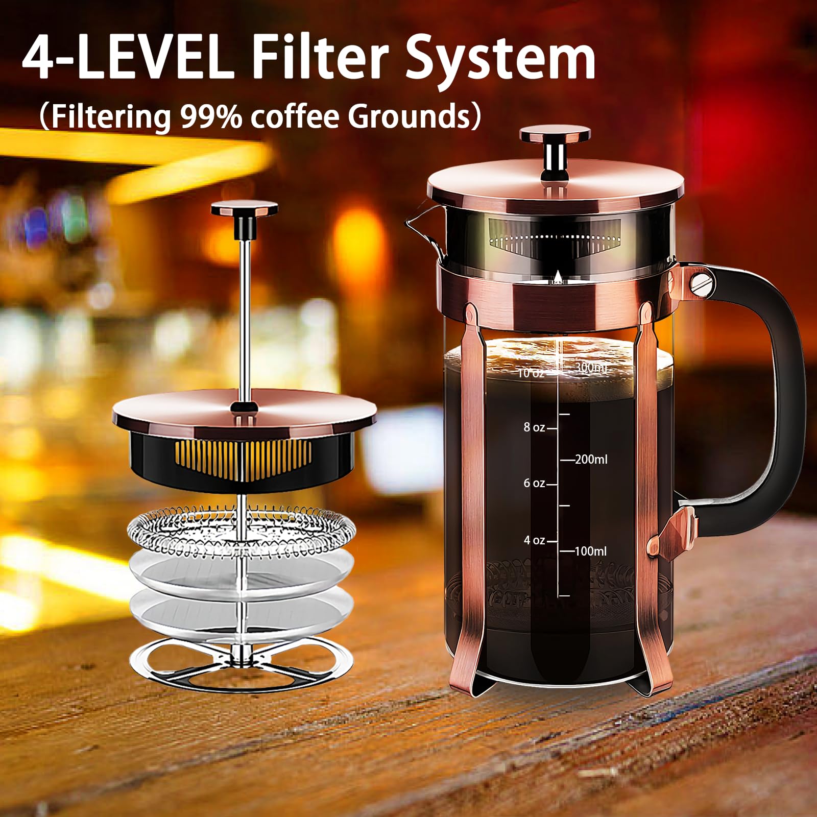 YMMIND French Press Coffee Maker 304 Stainless Steel Coffee Press,with 4 Filters System, Heat Resistant Thickness Borosilicate French Press Glass, BPA-Free Brewed Tea Pot Coffee Plunger(Copper 12oz)