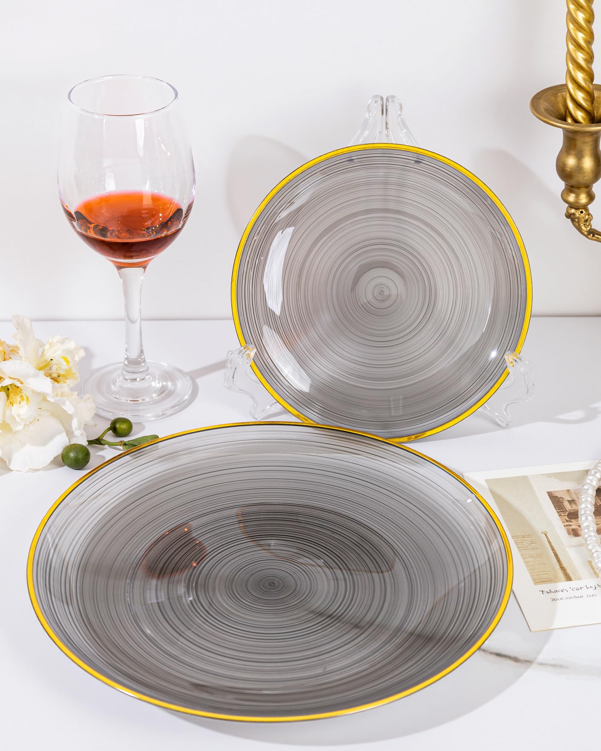 Morejoy 60Pcs Brown Plastic Plates,Brown Disposable Plates With Gold Rim, Gold Party Dinnerware Set Include 30 Dessert plates,30 Dinner plates for Party & Wedding