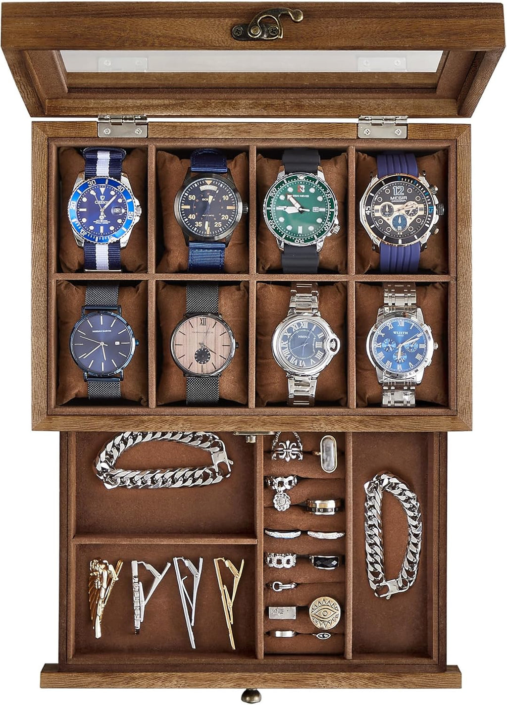 SONGMICS 8-Slot Watch Box, 2-Tier Watch Display Case with Large Glass Lid, Removable Watch Pillows, Velvet Lining, Jewelry Box, Gift Idea, Rustic Walnut UJOW008K01