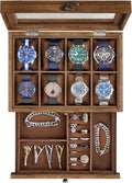 SONGMICS 8-Slot Watch Box, 2-Tier Watch Display Case with Large Glass Lid, Removable Watch Pillows, Velvet Lining, Jewelry Box, Gift Idea, Rustic Walnut UJOW008K01