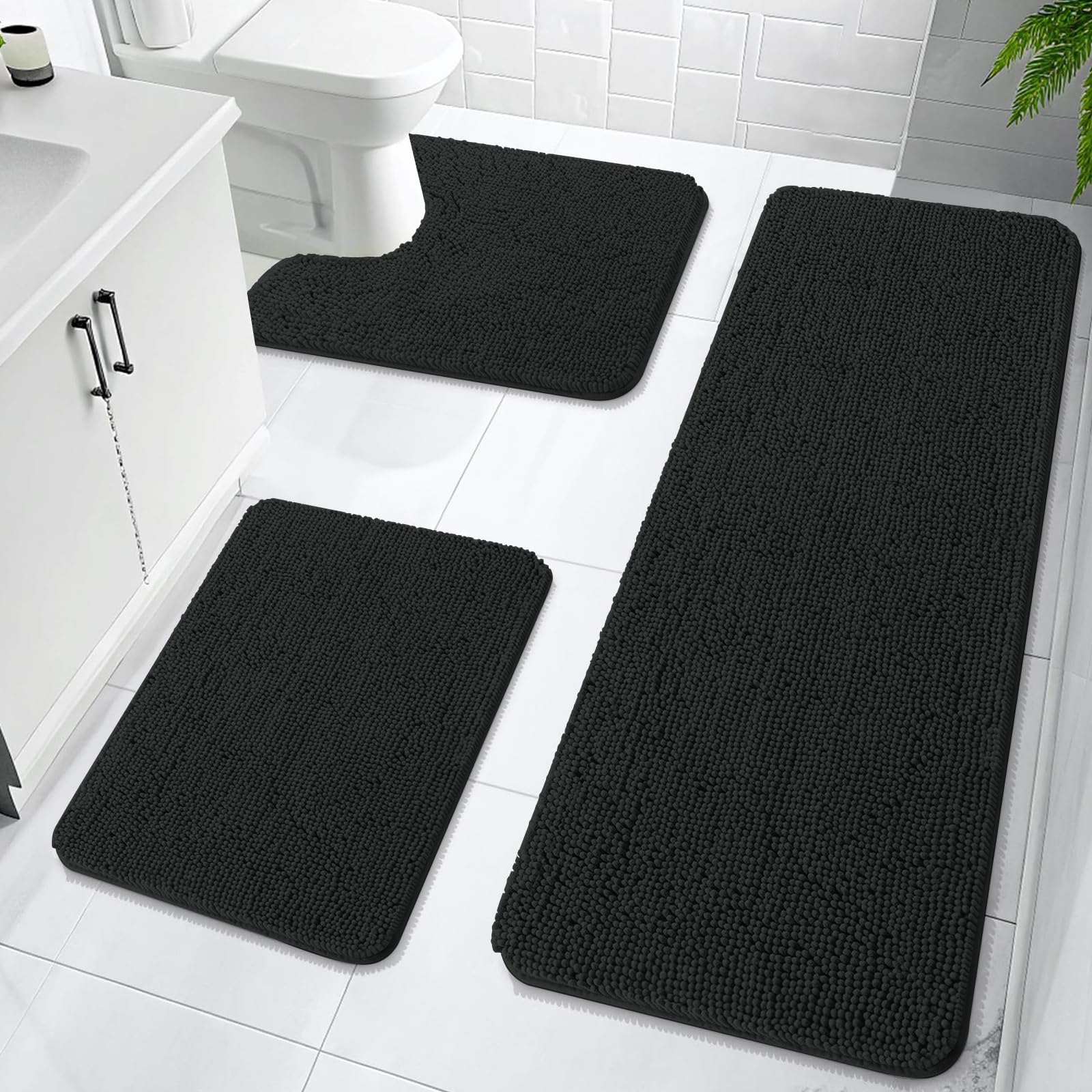 OLANLY Bathroom Rugs Sets 3 Piece, Soft Absorbent Chenille Bath Mats and U-Shaped Contour Toilet Rug, Quick Dry, Home Decor Accessories, Bath Mat Set for Bathroom (30"x20"+24"x16"+24"x20", Grey)