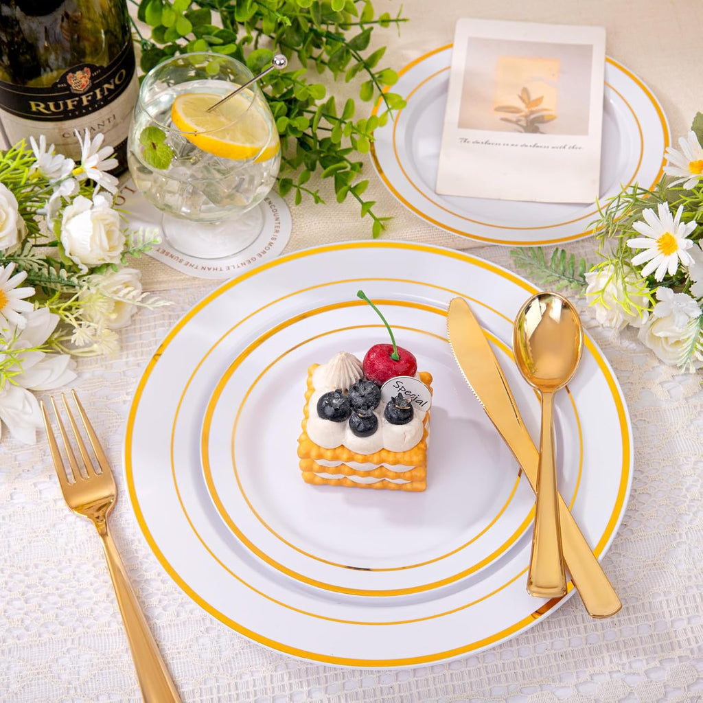 DaYammi 100 Guests Gold Plastic Dinnerware Sets, Includes: 100 Gold Rim Dinner Plates, 100 Salad Plates, 100 Gold Plastic Silverware Set, Perfect for Wedding