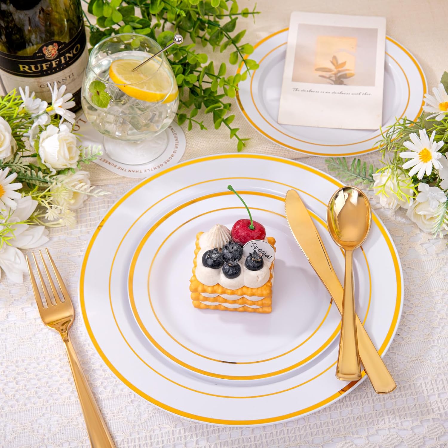 DaYammi 100 Guests Gold Plastic Dinnerware Sets, Includes: 100 Gold Rim Dinner Plates, 100 Salad Plates, 100 Gold Plastic Silverware Set, Perfect for Wedding