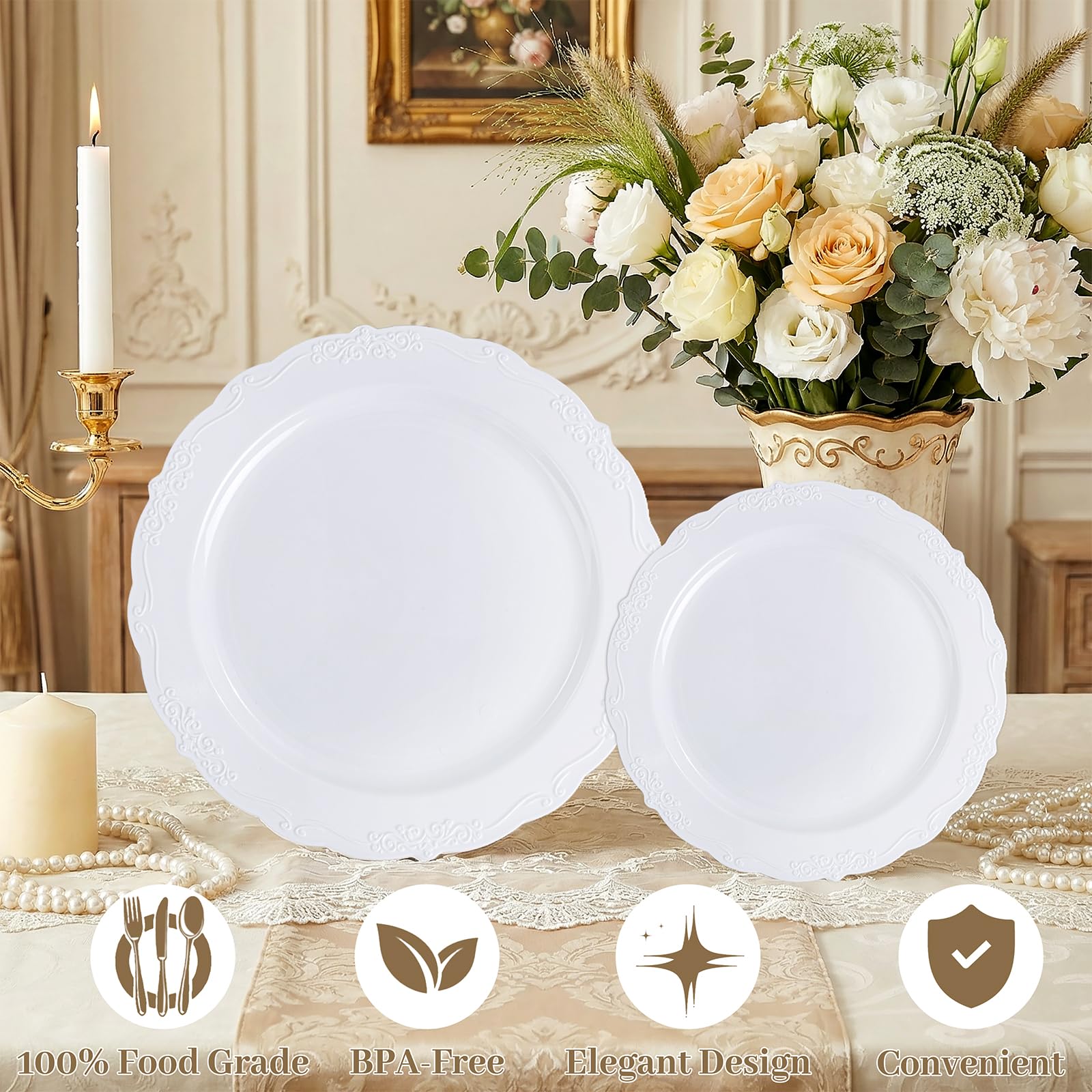 DaYammi 60PCS White Plastic Plates, Heavy Duty White Disposable Plates Premium 10inch Dinner Plates Hard Plastic Plates Disposable for Party Wedding Bridal Shower
