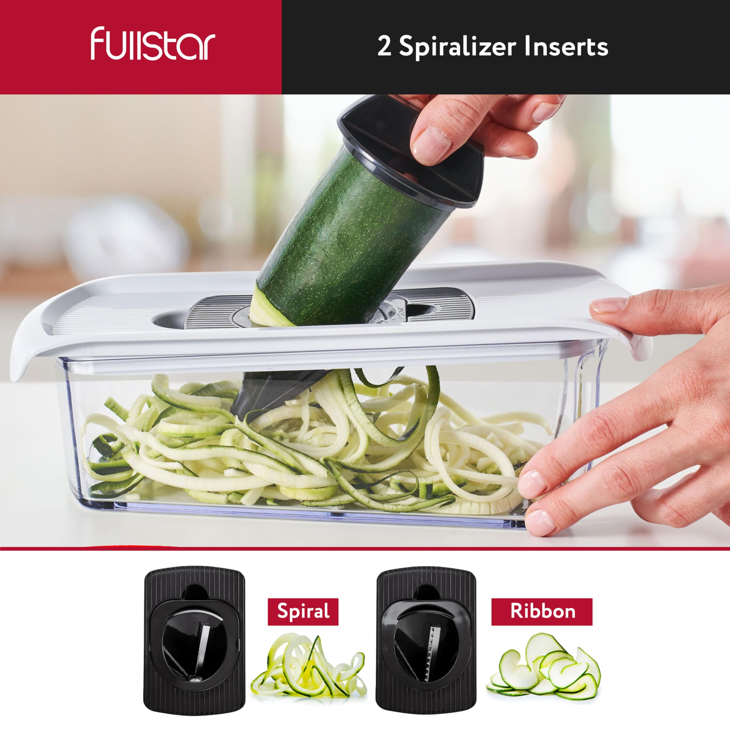 Fullstar Mandoline Slicer for Kitchen, Fruit Cutter, Cheese Grater, Cucumber Slicer, Veggie Spiralizer, Food Cutter & Kitchen Gadgets & Gifts with Safety Glove (6 in 1, White)