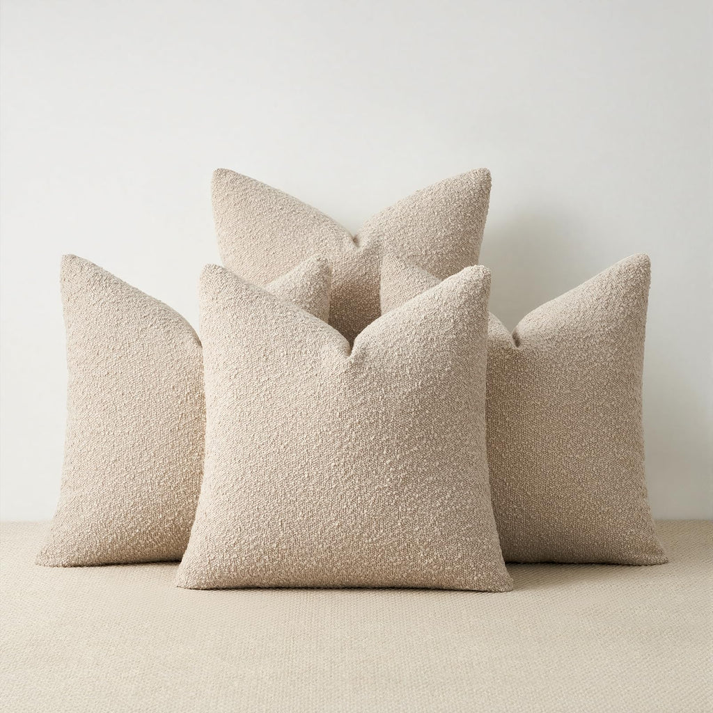 Topfinel Boucle Decorative Pillow Covers 18x18 Inches Set of 4 Neutral Cream Ivory White Pillowcase with Linen Cotton Back Chair Sofa Modern & Minimal Living Room Spring Home Decor