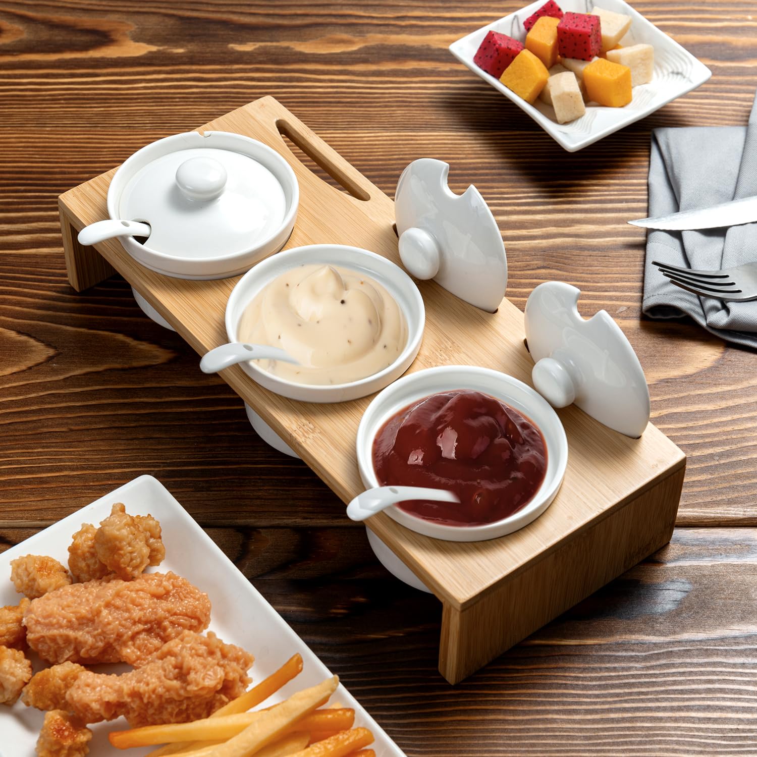 MyGift 10 Pcs Sauce Serving Dish, Hosting Party Essentials Host Gift, 3 Ceramic Ramekin Chip Dip Bowls with Lids & Spoons, Premium Bamboo Server Tray, Condiment Pot Entertaining