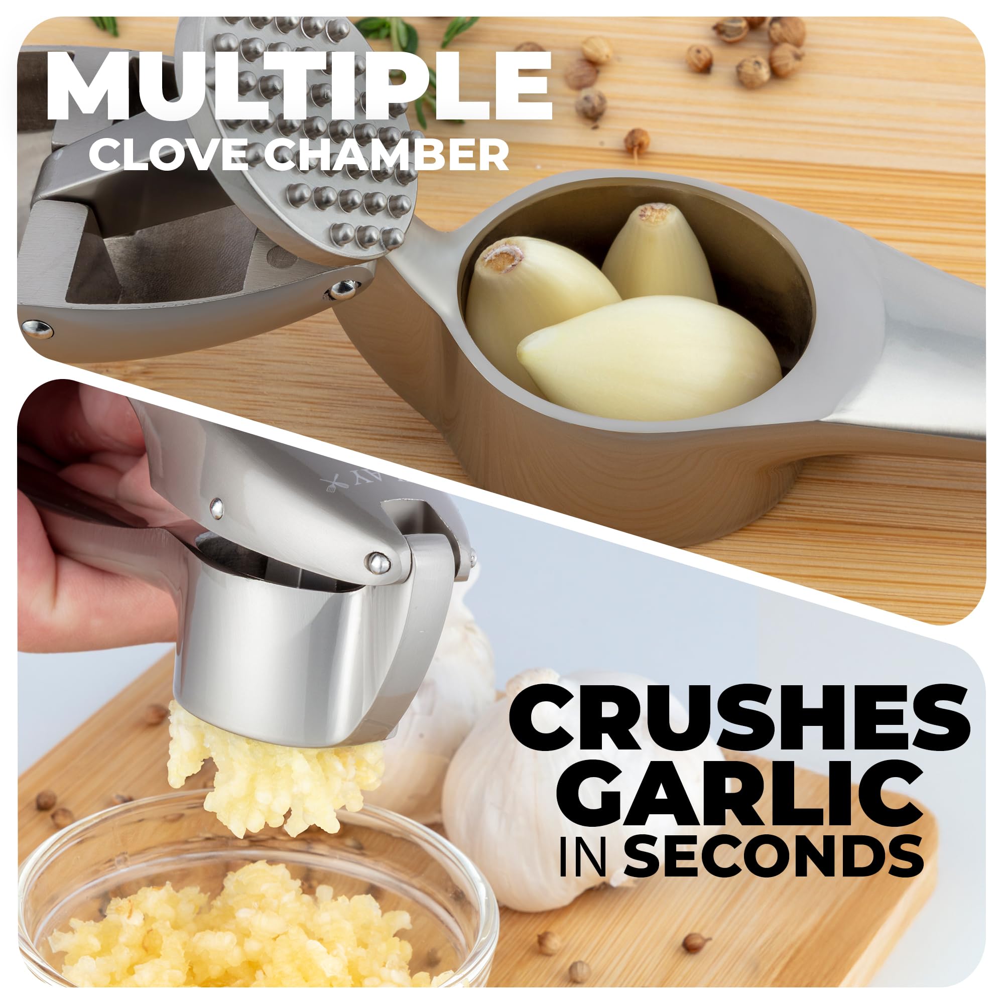 Zulay Kitchen Premium Garlic Press Set - Rust Proof Professional Garlic Mincer Tool - Easy-Squeeze, Easy-Clean with Soft, Ergonomic Handle - Silicone Garlic Peeler & Brush (Silver)