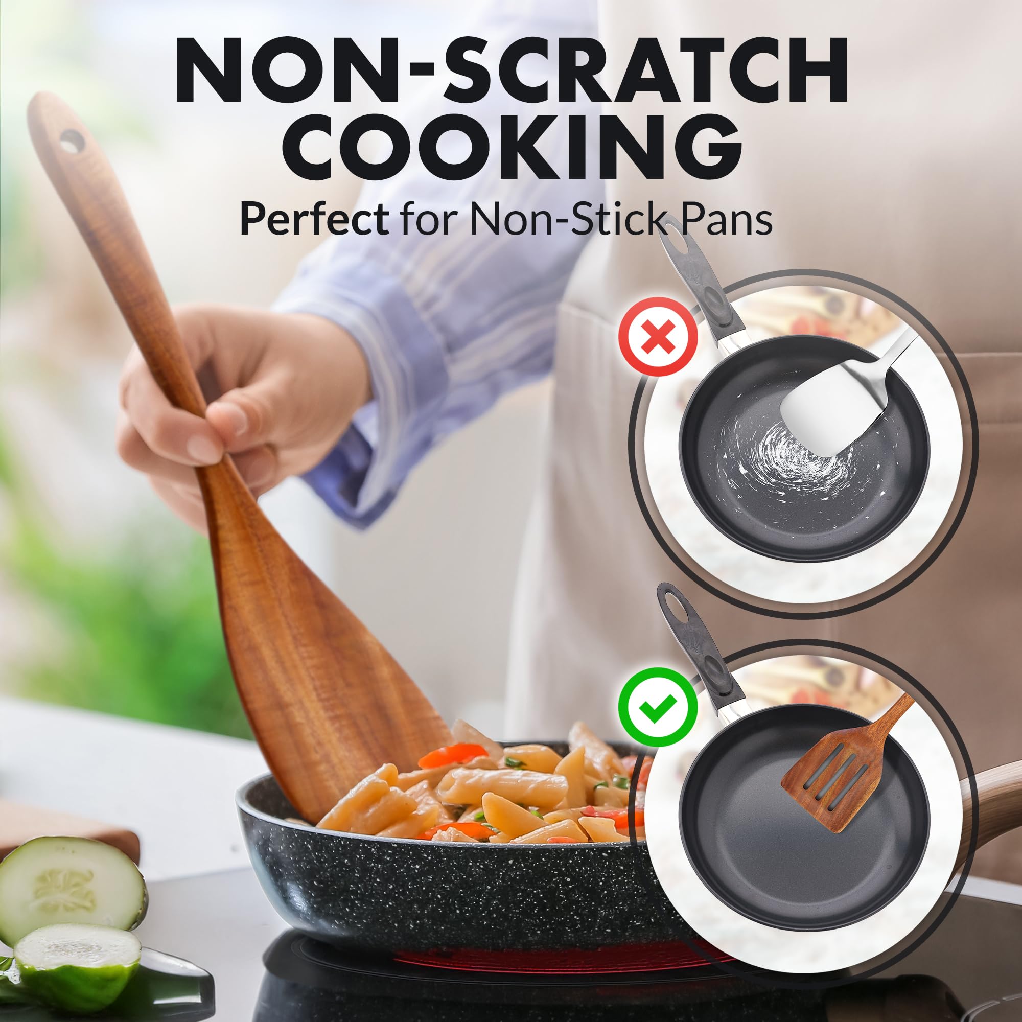Zulay Kitchen 6 Piece Wooden Spoons for Cooking – Natural Teak Wooden Utensil Set, Easy to Clean, Durable, Smooth with Comfort Grip - Non Toxic Wooden Cooking Utensil Sets