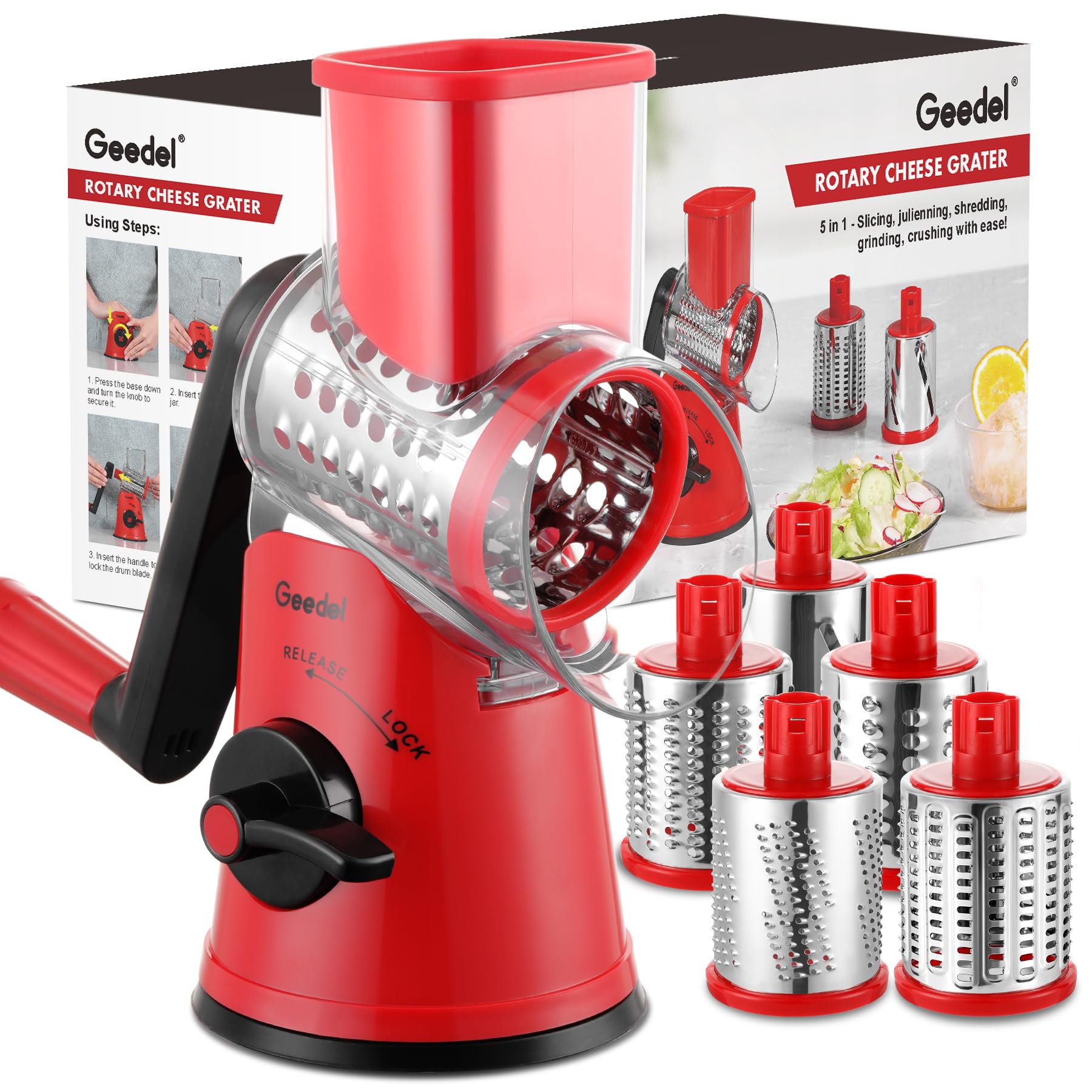 Geedel Rotary Cheese Grater, Kitchen Mandoline Vegetable Slicer with 3 Interchangeable Blades, Easy to Clean Rotary Grater Slicer for Fruit, Vegetables, Nuts