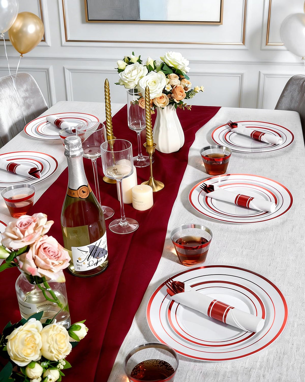 Goodluck 350 Piece Silver Plastic Dinnerware Set for 50 Guests, Fancy Disposable Plates for Party, Include: 50 Dinner Plates, 50 Dessert Plates, 50 Pre Rolled Napkins with Silver Silverware, 50 Cups