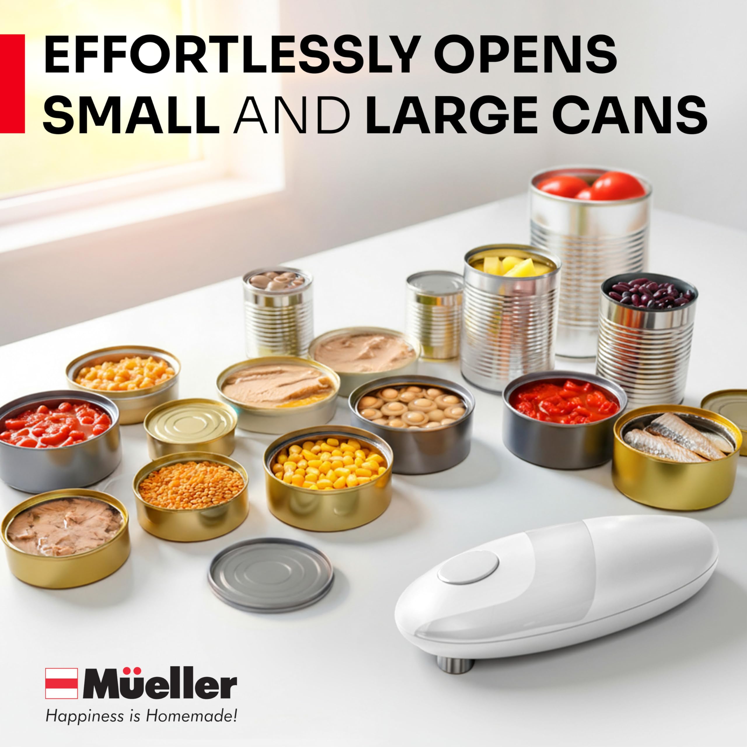 MUELLER HOME SmoothEdge Auto Electric Can Opener – Battery‑Operated One‑Touch w Magnet Lid Lifter – Portable Hands‑Free Automatic Can Openers for Seniors & Arthritis, Smooth‑Edge Cut Technology, Black