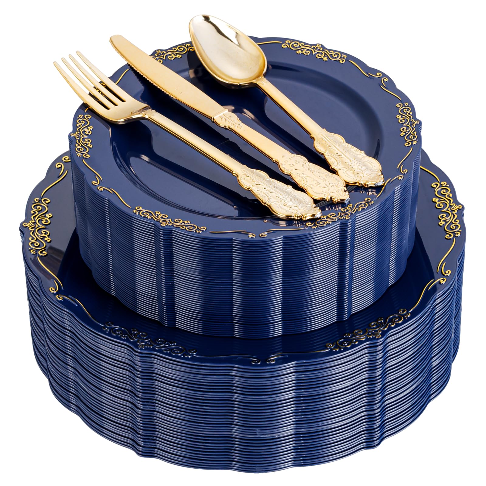 DaYammi 150Pcs Ivory Plastic Plates with Gold Rim,Disposable Plastic Plates Include 30 Dinner Plate,30 Salad Plate,30 Forks,30 Spoons,30 Knives,Ivory and Gold Plates for Party,Wedding,Mother's Day