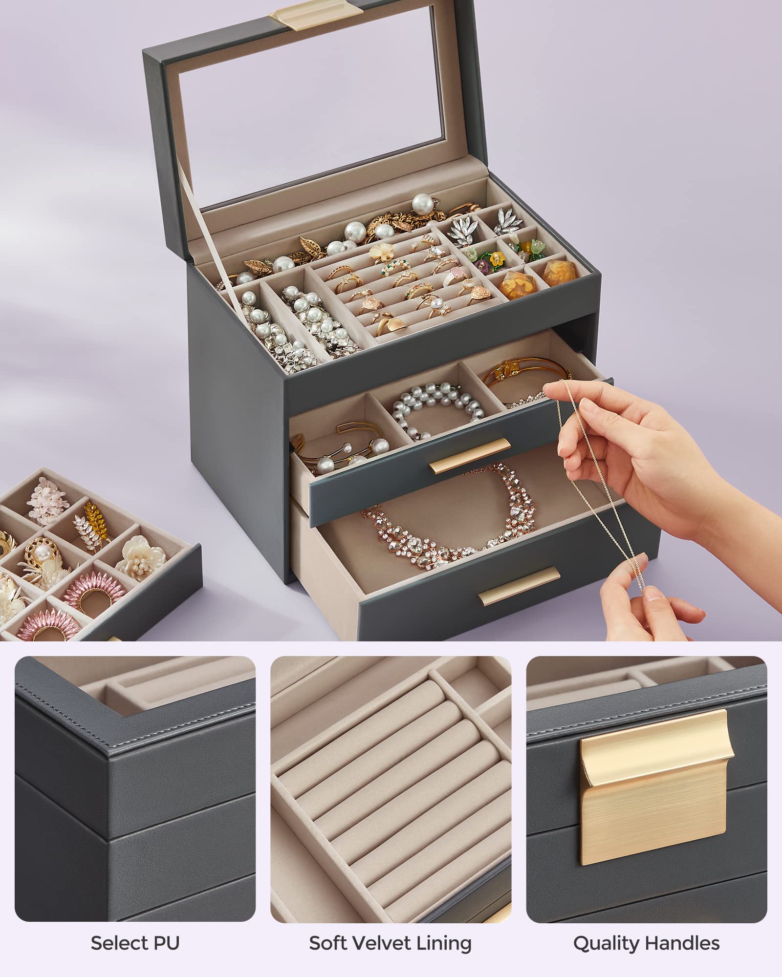 SONGMICS GISELLA Collection - Jewelry Box Organizer, 3-Layer Jewelry Storage with 2 Drawers, Shiny Metal Hardware, Glass Lid, Modern, 8 x 9.1 x 5.3 Inches, Cloud White and Gold Color UJBC239WT