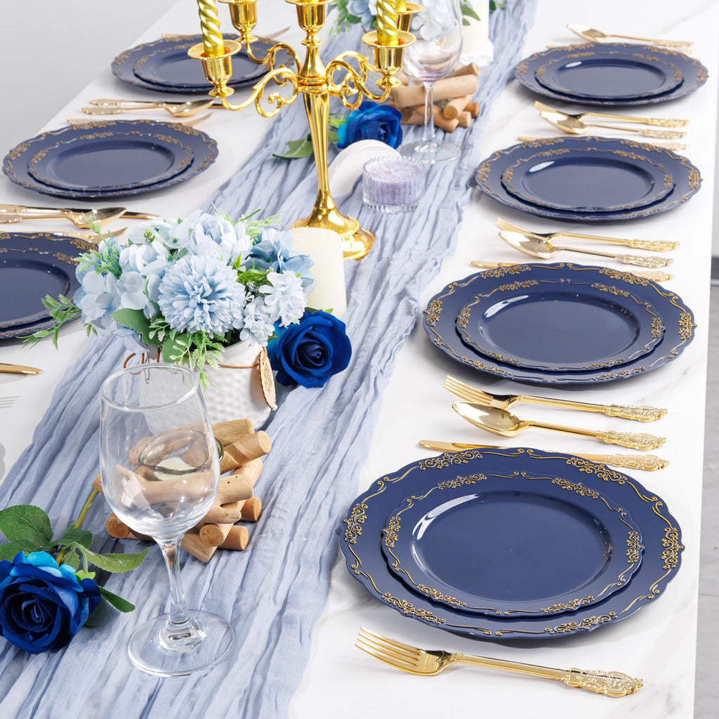 DaYammi 150Pcs Ivory Plastic Plates with Gold Rim,Disposable Plastic Plates Include 30 Dinner Plate,30 Salad Plate,30 Forks,30 Spoons,30 Knives,Ivory and Gold Plates for Party,Wedding,Mother's Day