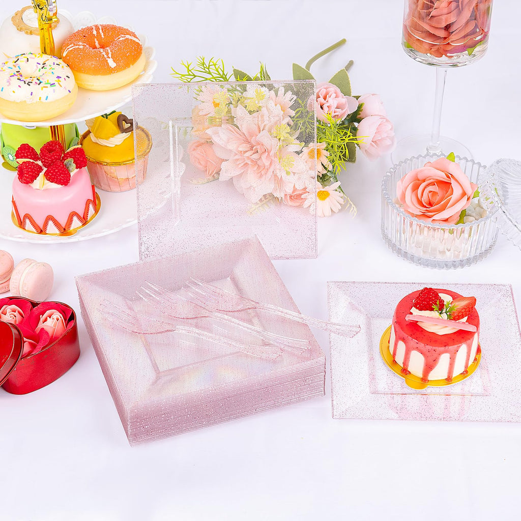 DaYammi 200Pcs Gold Dessert Plates Including 100Pcs Appetizer Plates 6",100Pcs Plastic Forks 5.7",Gold Glitter Plastic Square Plate for Party,Gold Salad Plate and Cake Forks for Party Wedding