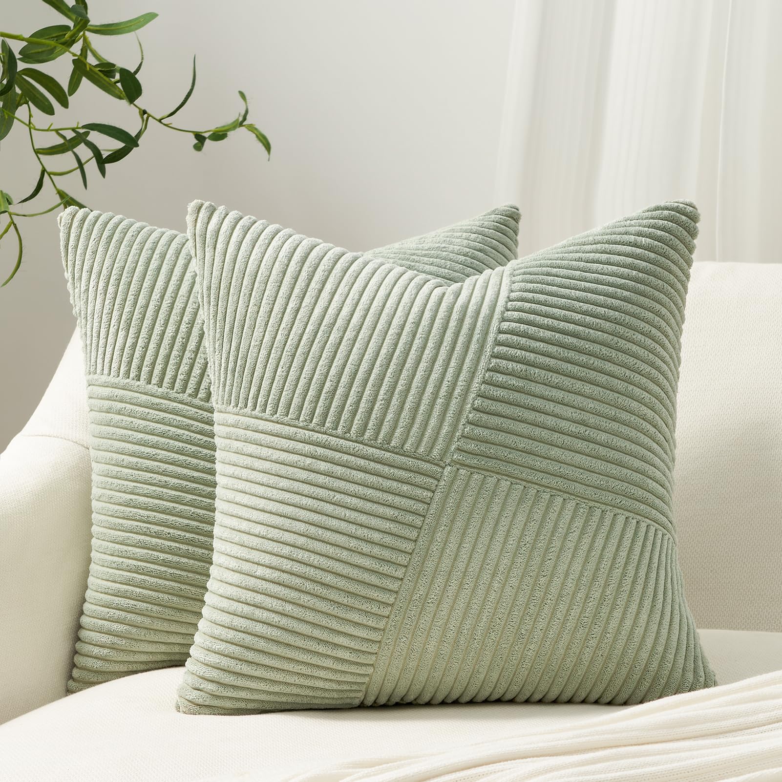 Topfinel Olive Green Decorative Throw Pillow Covers Set of 2 18x18 Inches for Couch Bed Sofa, Boho Aesthetic Home Decor, Soft Corduroy Striped Patchwork Windmill Textured Cushion Cases 45x45 cm