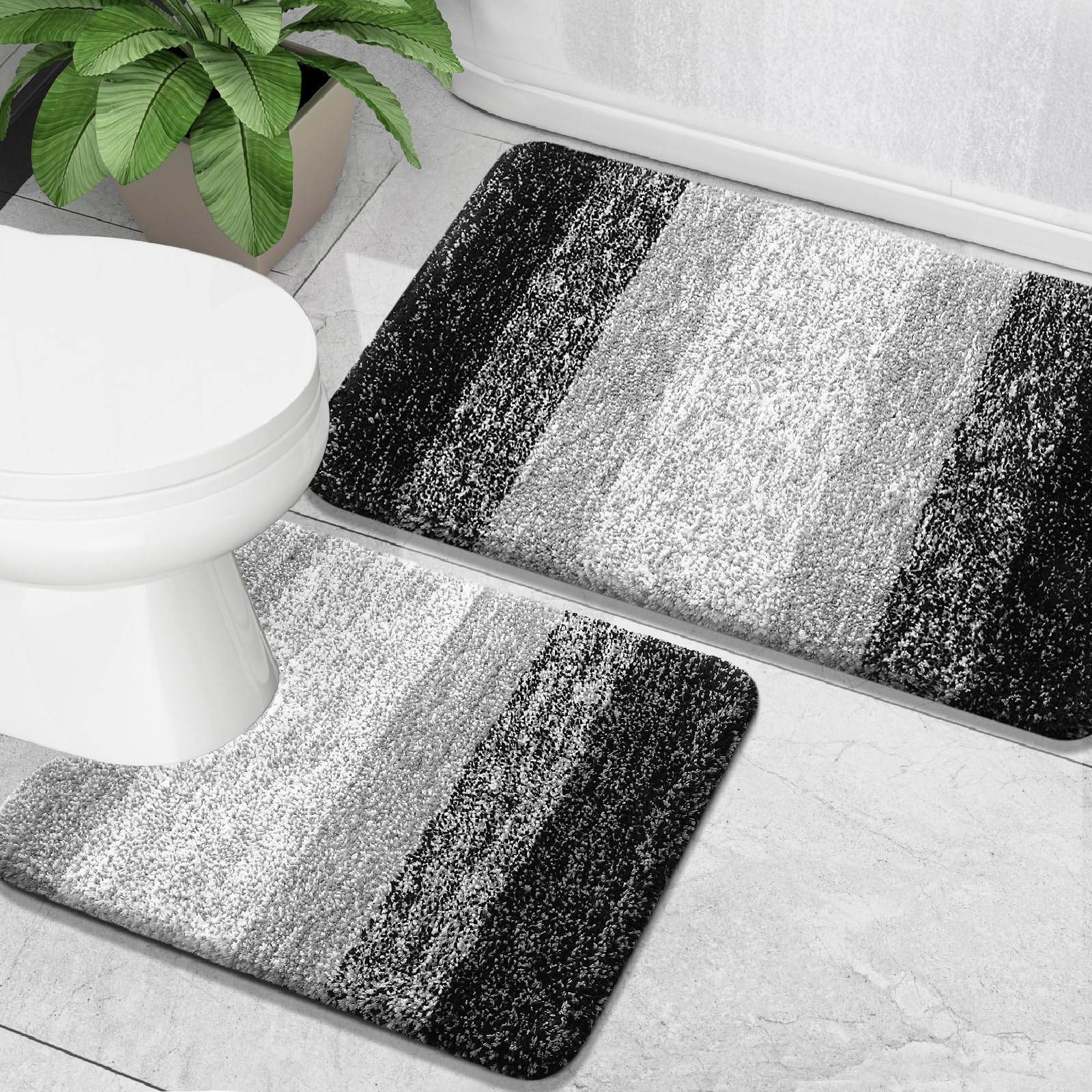 OLANLY Bathroom Rug Set 2 Piece, Soft Absorbent Microfiber Bath Mats and U-Shaped Contour Toilet Rug, Non-Slip, Machine Wash Dry, Plush Shaggy Bath Mats for Bathroom (24"x16"+24"x20", Grey)