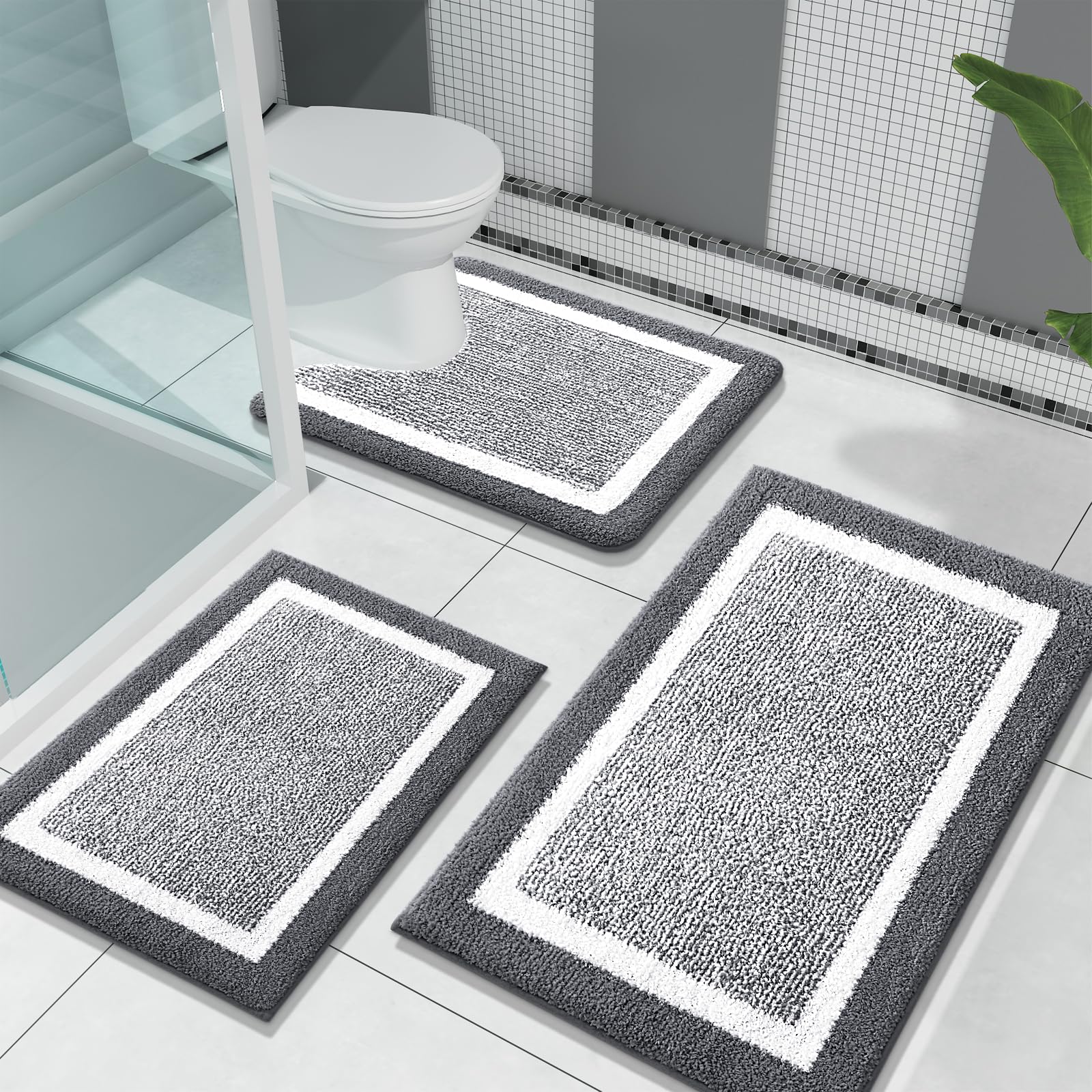OLANLY Bathroom Rugs Sets 3 Piece, Soft Absorbent Microfiber Bath Mats and U-Shaped Contour Toilet Rug, Home Decor Accessories, Non-Slip, Bath Mat Set for Bathroom (30"x20"+24"x16"+24"x20", Grey)
