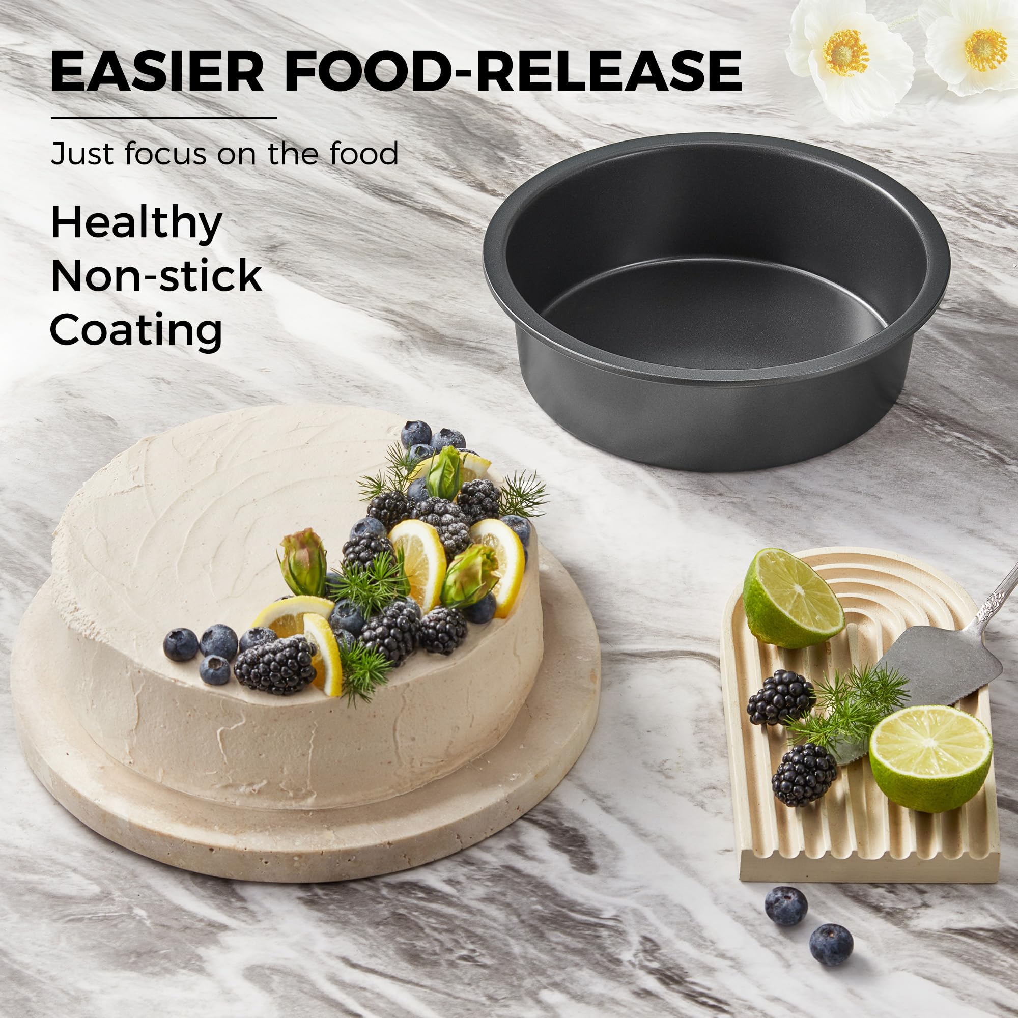 HONGBAKE 8x8 Cake Baking Pan Set, Nonstick Square Brownie Pans with Wider Grips, 2 Pieces, Heavy Duty, Grey