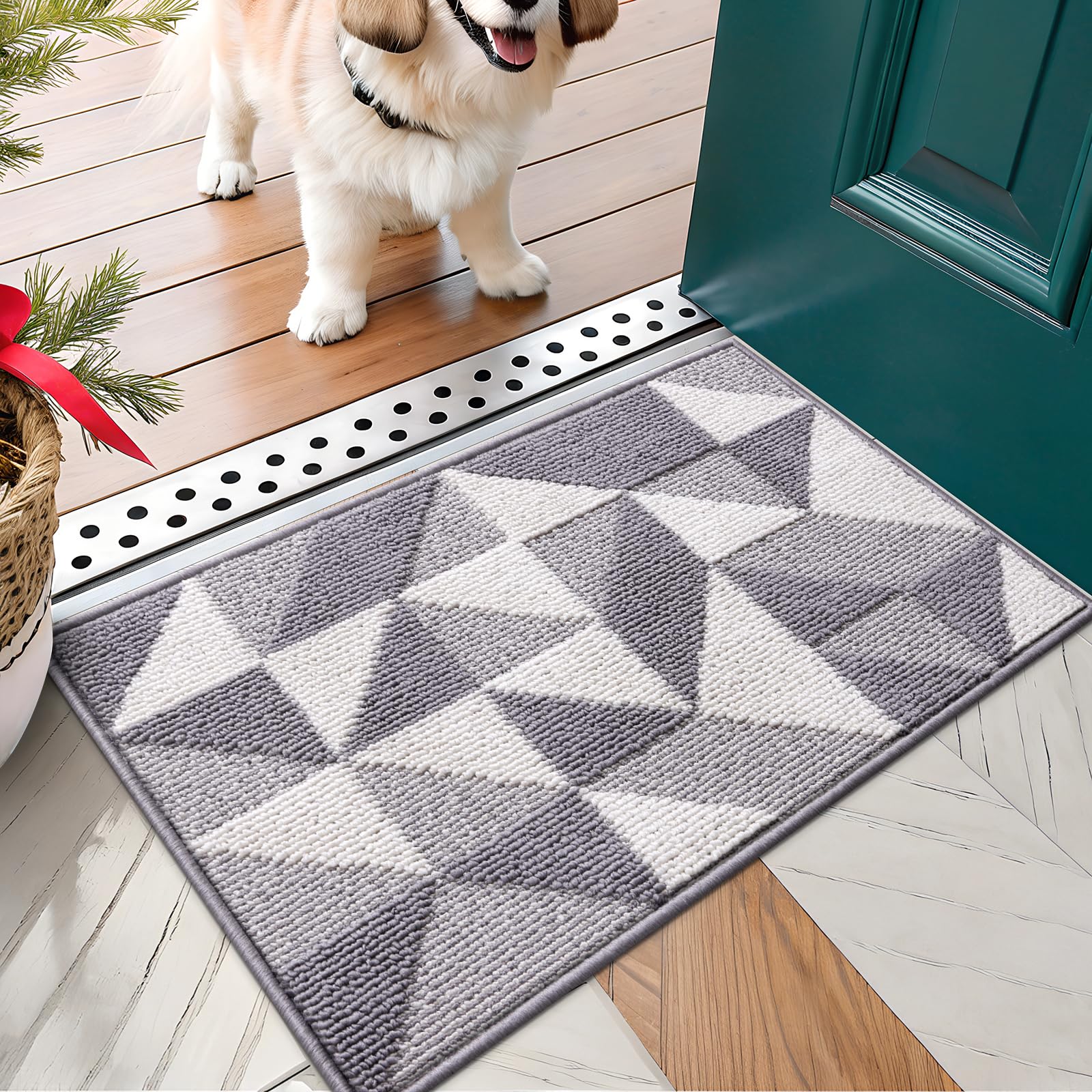 OLANLY Door Mat Indoor Entrance Washable 32x20, Odor-Free Low-Profile Front Back Geometric Doormat, Absorbent Resist Dirt Entry Carpet, Easy to Clean Sturdy Inside Floor Mats for Entryway, Black