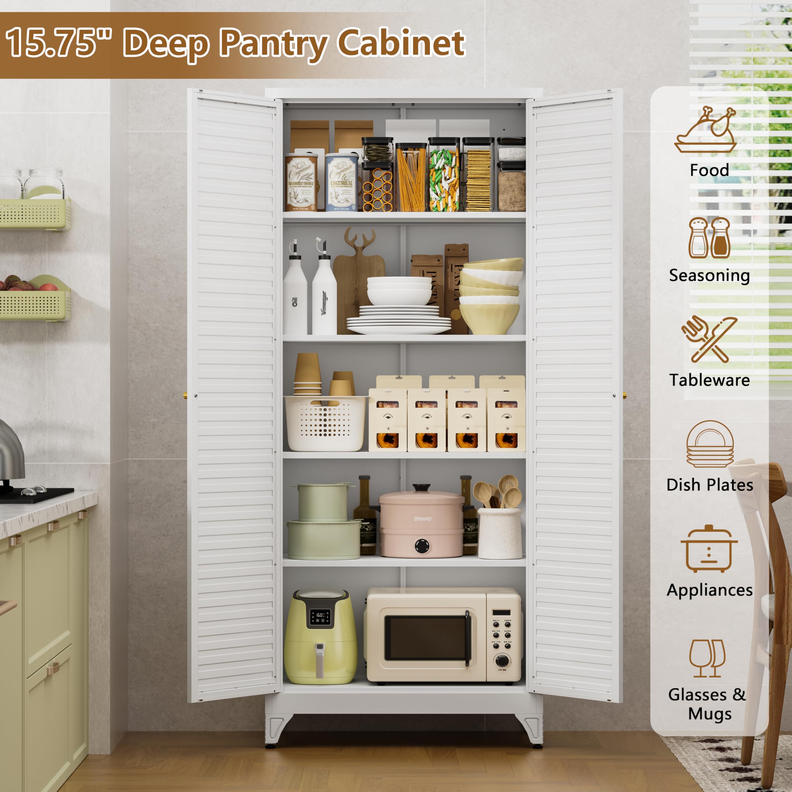 Polup White Kitchen Pantry Cabinet, 71 Inch Tall Metal Storage Cabinet with Doors and Shelves, Pantry Cabinets for Kitchen Storage, Freestanding Cupboard for Living, Dining Room, Assemble Required