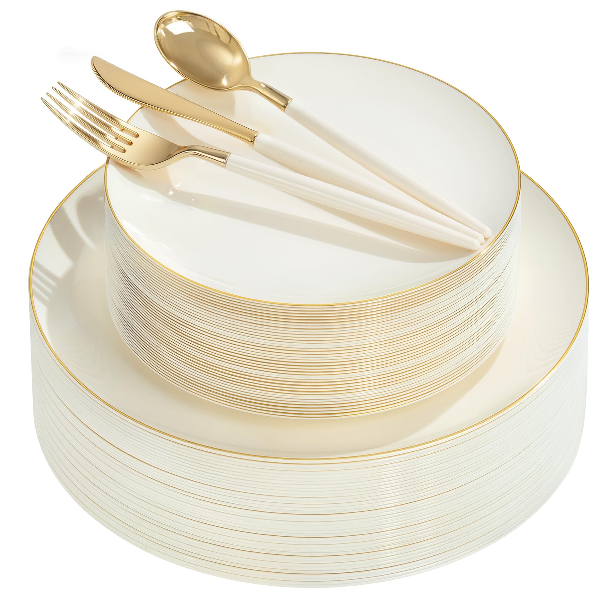 DaYammi 150Pcs Ivory Plastic Plates with Gold Rim,Disposable Plastic Plates Include 30 Dinner Plate,30 Salad Plate,30 Forks,30 Spoons,30 Knives,Ivory and Gold Plates for Party,Wedding,Mother's Day