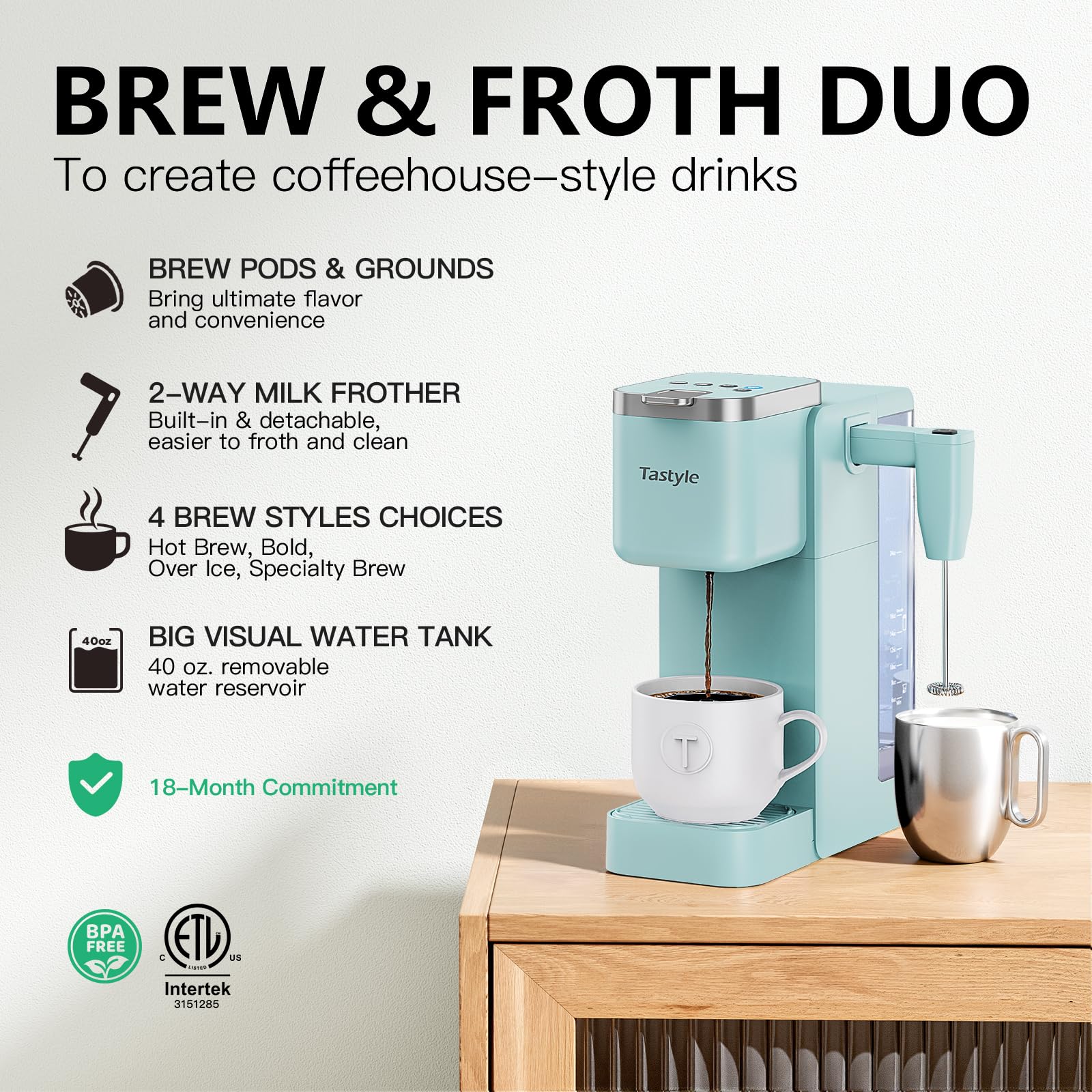Tastyle 330MF Single Serve Coffee Maker with Built-in Detachable Milk Frother, Iced and Hot Coffee Machine for K Cup & Grounds, 40oz Removable Water Reservoir, 6 Cup Sizes, Fits 7.3" Travel Mug, Black