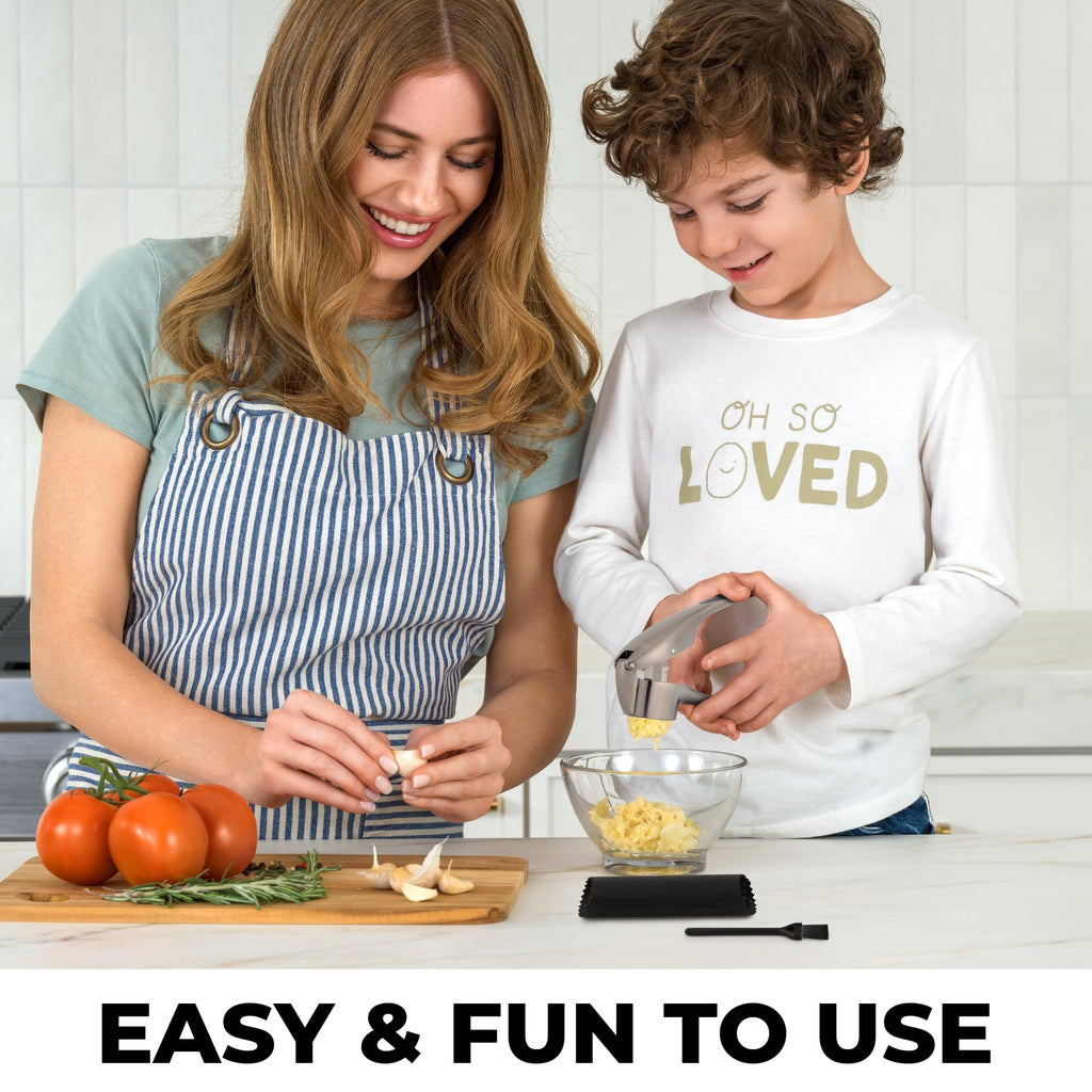 Zulay Kitchen Premium Garlic Press Set - Rust Proof Professional Garlic Mincer Tool - Easy-Squeeze, Easy-Clean with Soft, Ergonomic Handle - Silicone Garlic Peeler & Brush (Silver)