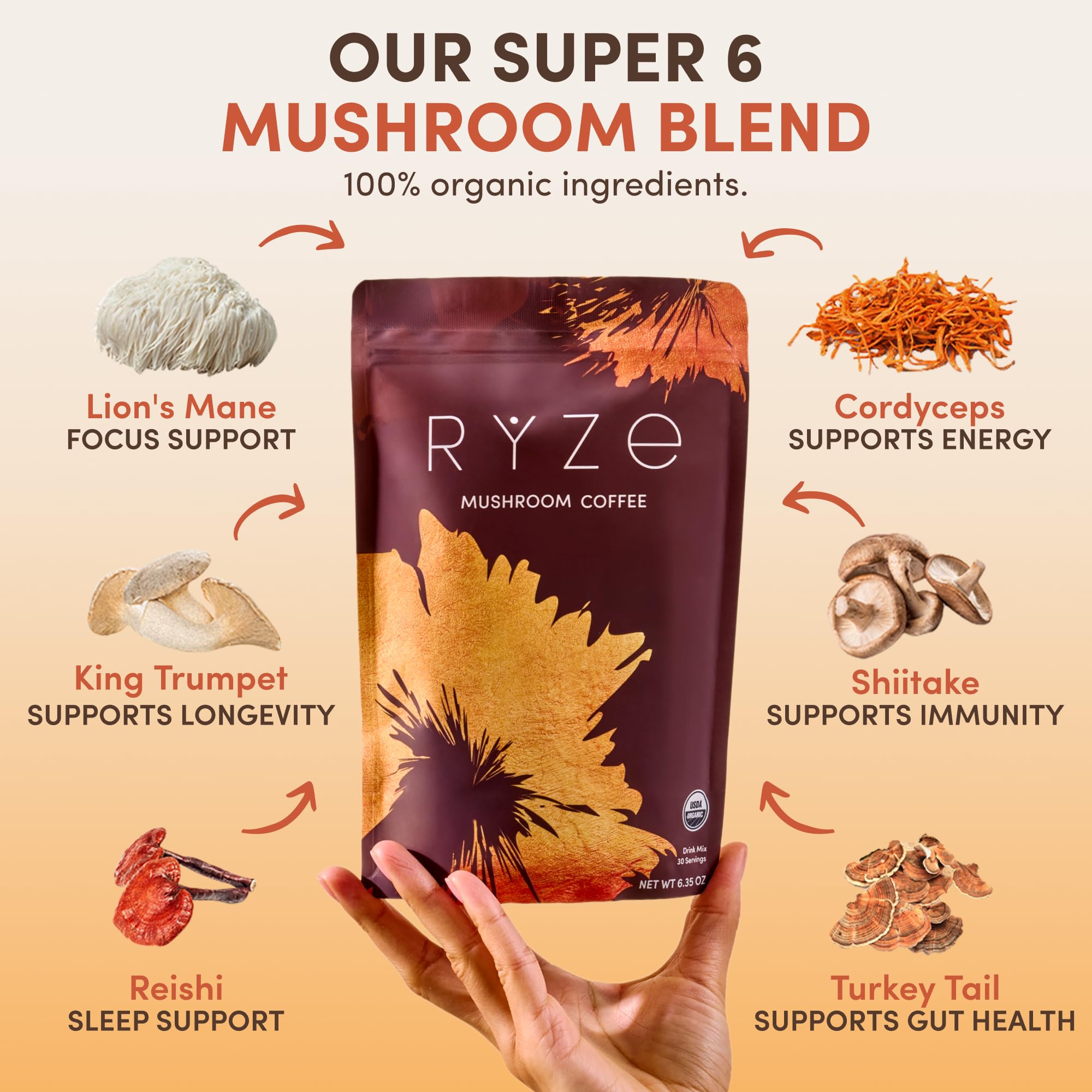 RYZE SUPERFOODS Mushroom Medium Roast Coffee Starter Kit, USDA Organic Instant Coffee with 6 Adaptogenic Mushrooms and for Energy, Focus, Digestion, Immunity with Lions Mane & Turkey Tail 60 Serving