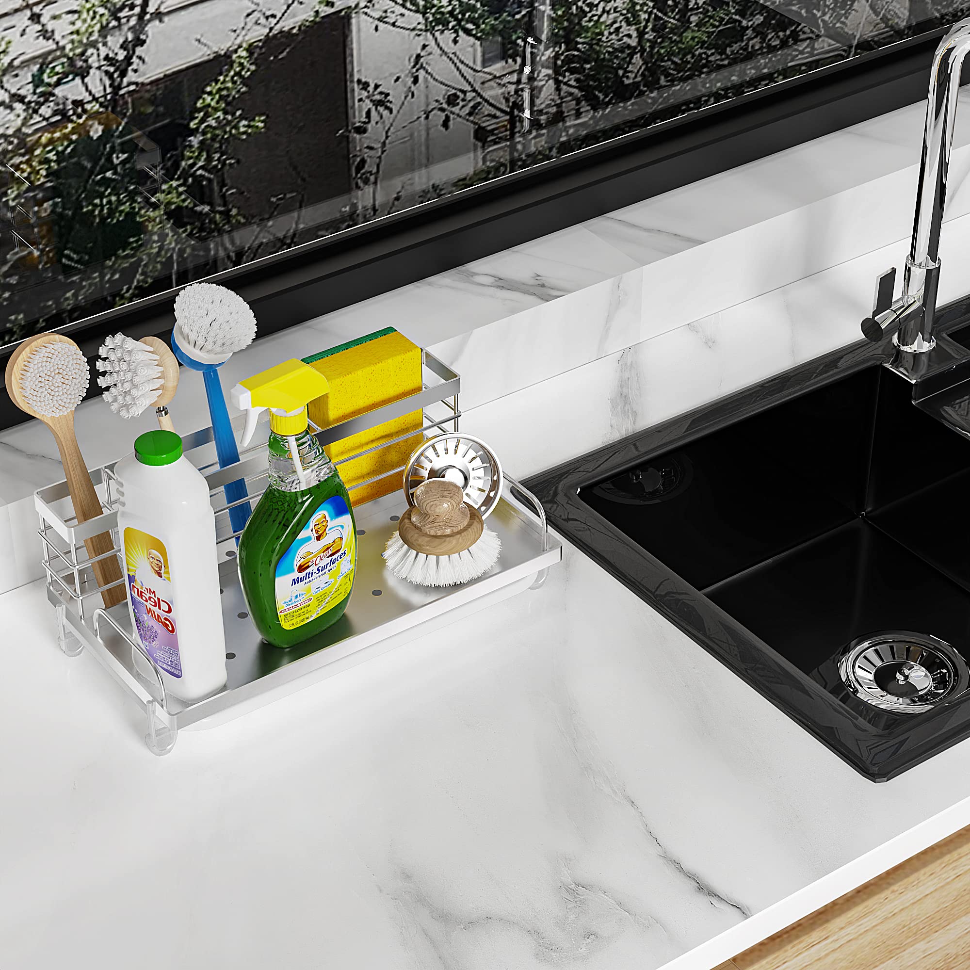 Cisily Kitchen Sink Caddy Organizer, Rustproof Non-Slip Soap Dish Dispenser Brush, Sponge Holder, Silver