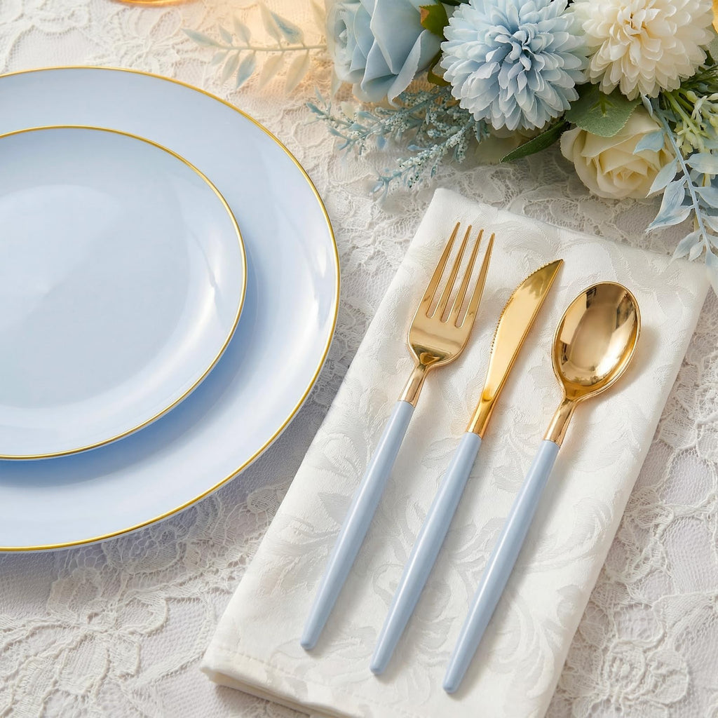 DaYammi 150Pcs Gold Plastic Plates with Disposable Silverware,White Gold Disposable Dinnerware Set - 30 Dinner Plate,30 Dessert Plate,90 Gold Cutlery with White Handles,Fancy Plates for Party Wedding