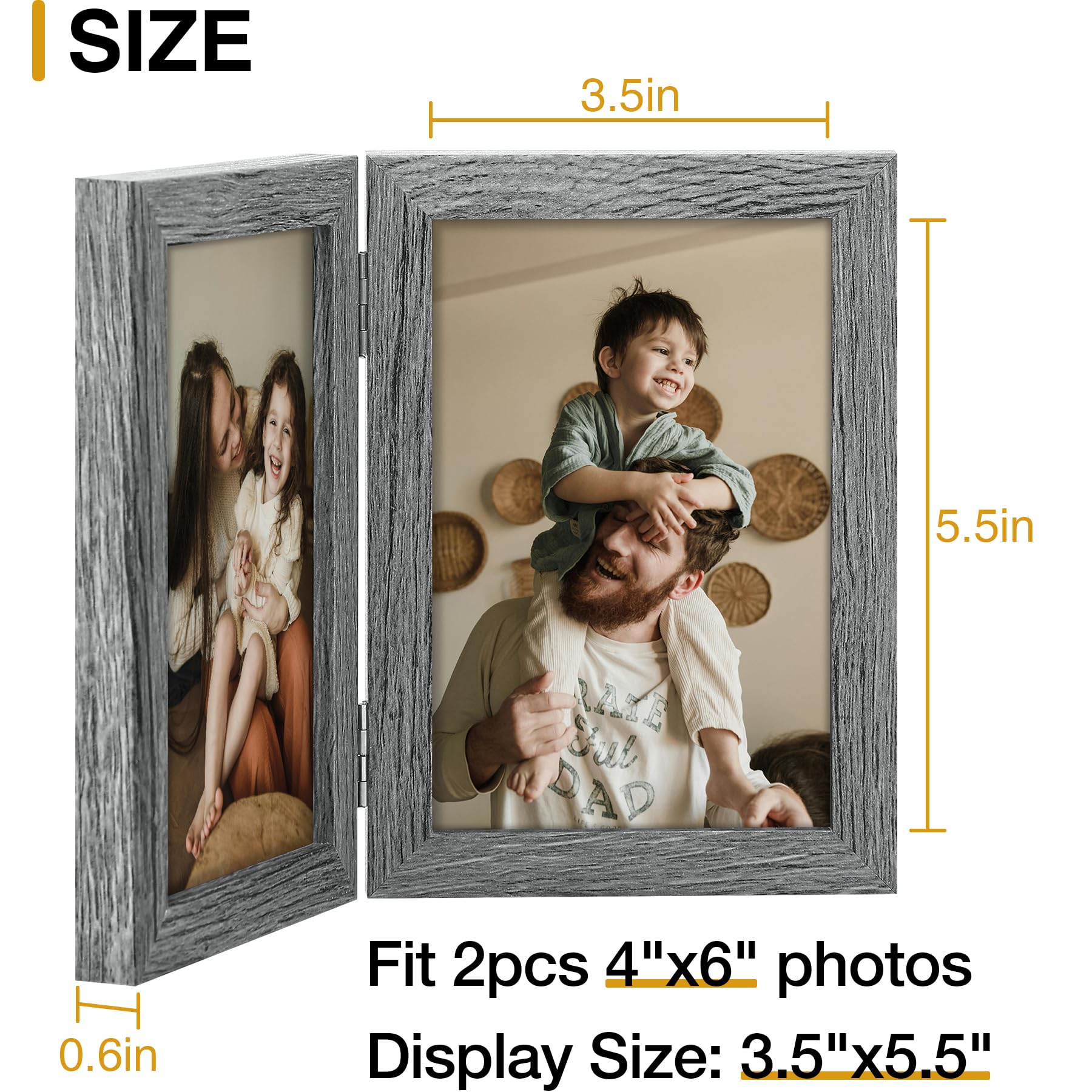 decorUhome Double 4x6 Picture Frame Vertical, Engineered Wood Bifold Photo Frame with Plexiglass for Tabletop Display, 4x6, Black