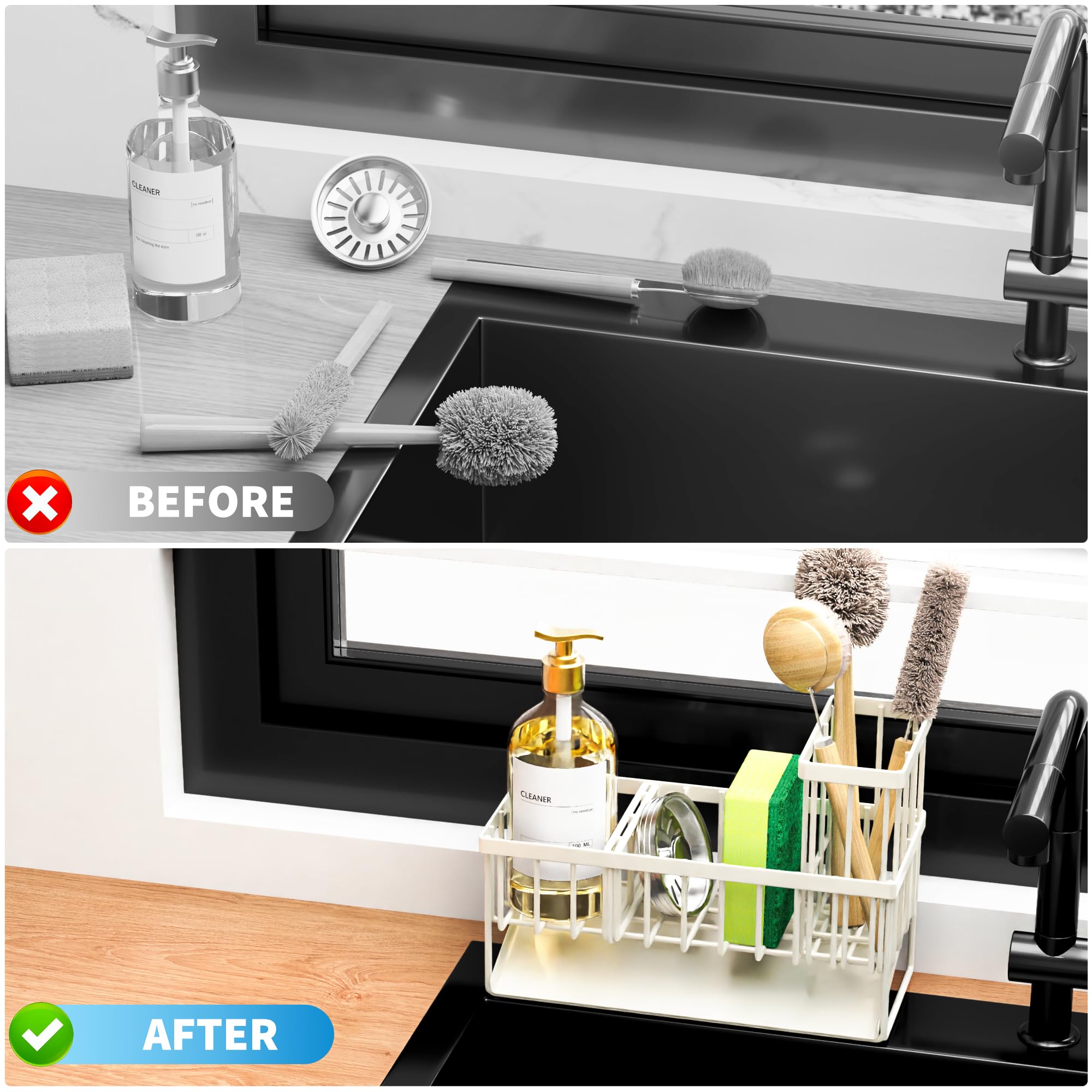 Cisily Sink Caddy Sponge Holder for Kitchen with Brush Holder and Stainless Steel Self Drain Tray, Rustproof Kitchen Sink Organizer for Sponge, Soap Dispenser Storage Accessories