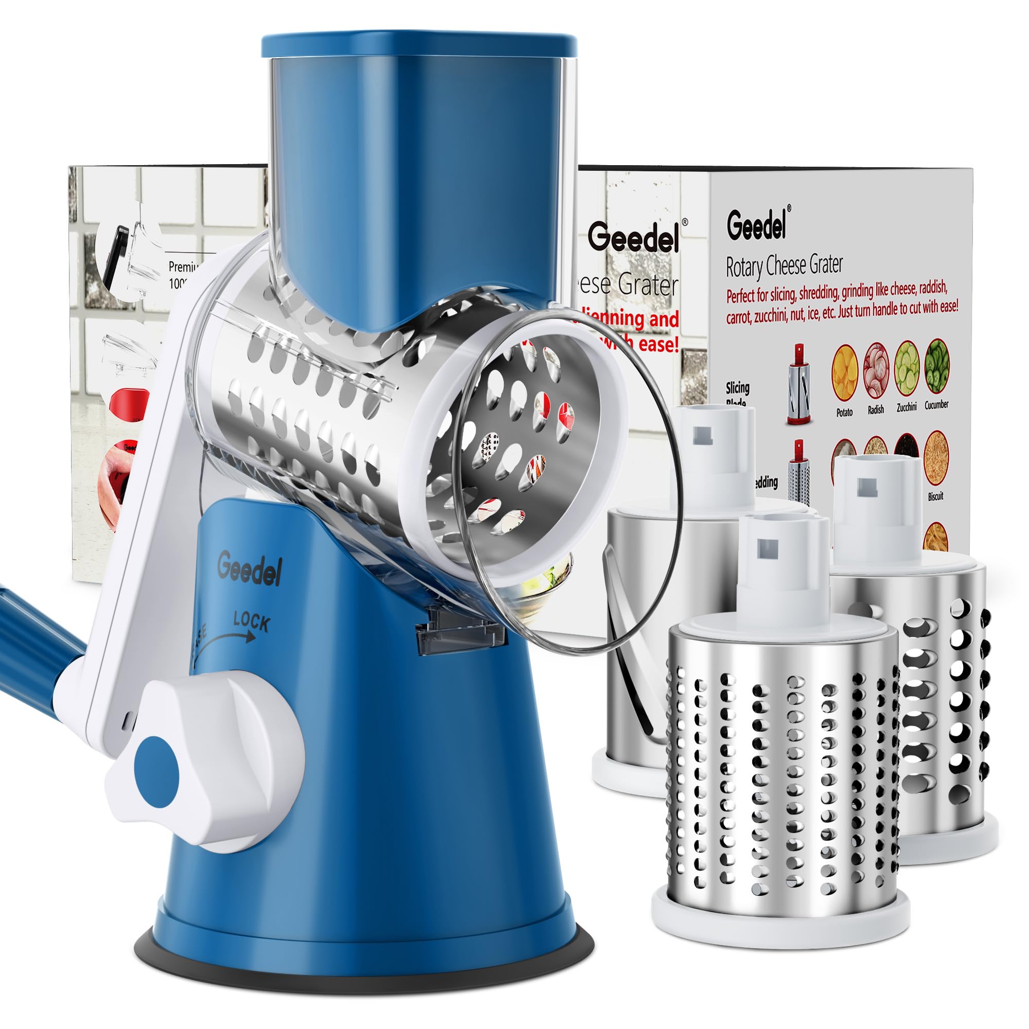 Geedel Rotary Cheese Grater, Kitchen Mandoline Vegetable Slicer with 3 Interchangeable Blades, Easy to Clean Rotary Grater Slicer for Fruit, Vegetables, Nuts