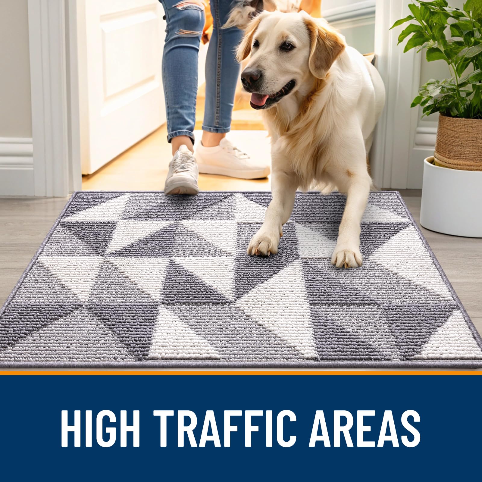 OLANLY Door Mat Indoor Entrance Washable 32x20, Odor-Free Low-Profile Front Back Geometric Doormat, Absorbent Resist Dirt Entry Carpet, Easy to Clean Sturdy Inside Floor Mats for Entryway, Black