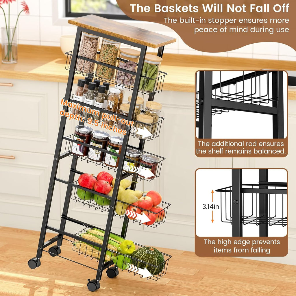 6 Tier Slim Storage Cart with Pull Out Basket, Wooden Top Rolling Kitchen Cart with Lockable Wheels, Metal Wire Fruit Vegetable Storage Basket Narrow Utility Organizer for Kitchen, Bathroom, Laundry