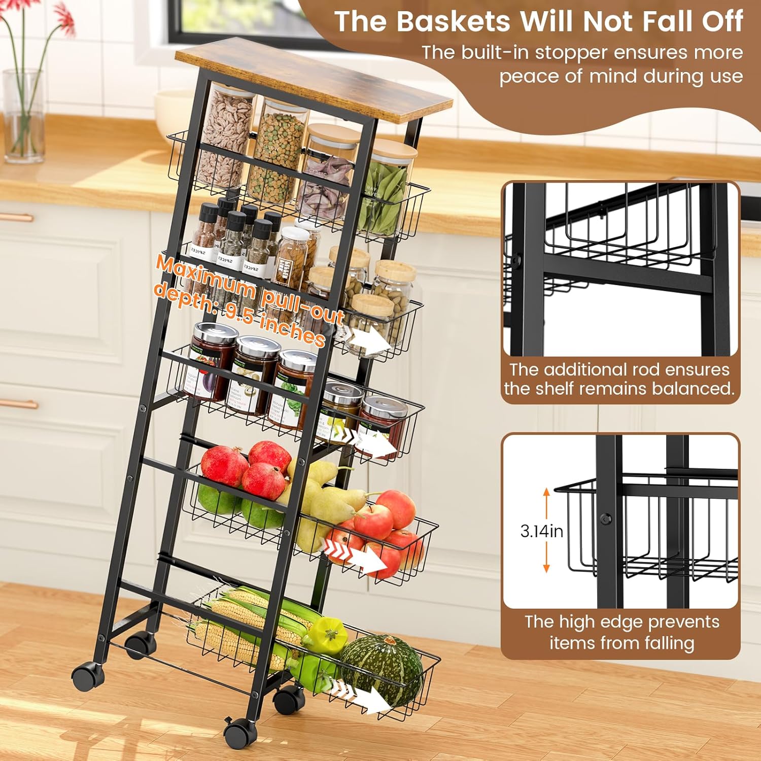 6 Tier Slim Storage Cart with Pull Out Basket, Wooden Top Rolling Kitchen Cart with Lockable Wheels, Metal Wire Fruit Vegetable Storage Basket Narrow Utility Organizer for Kitchen, Bathroom, Laundry