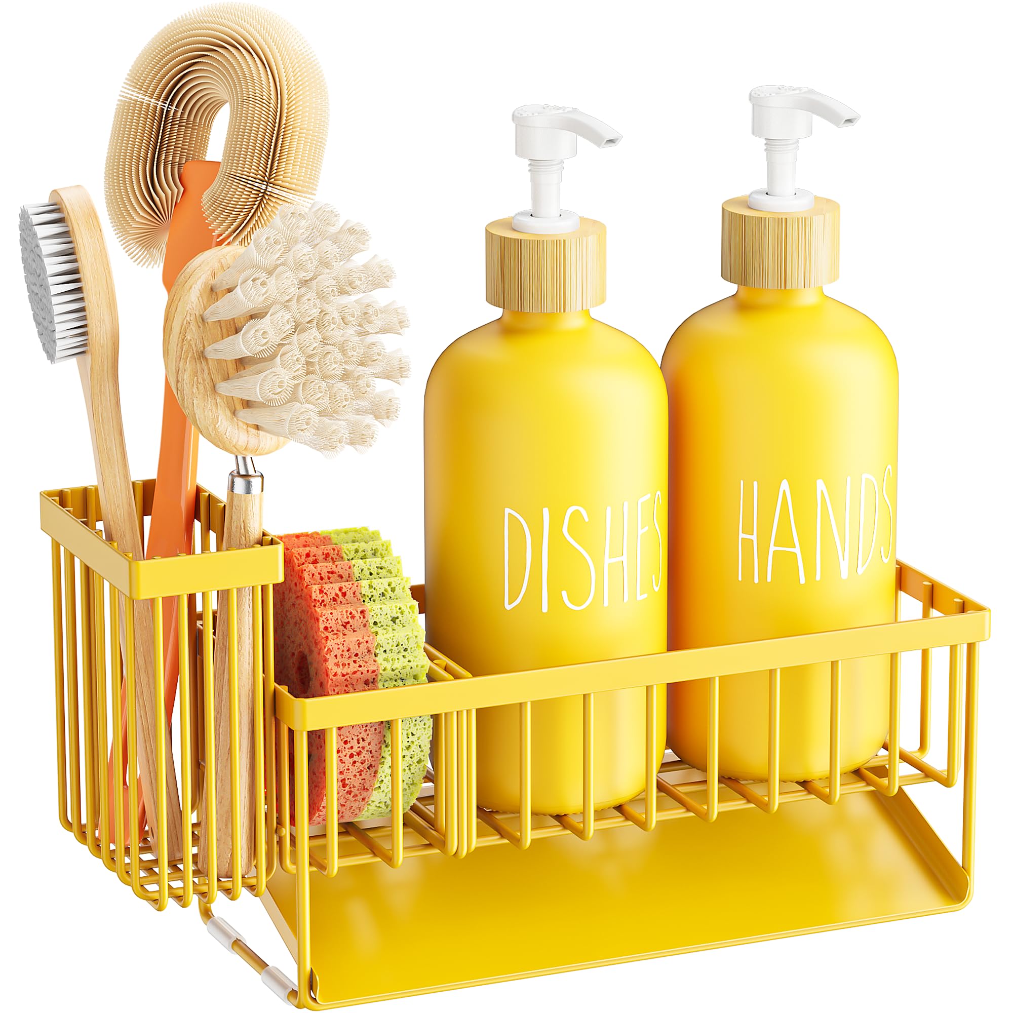 Cisily Kitchen Dish Soap Dispenser Set with 2 Pack 16.9oz Amber Glass Bottle and Sponge Holder, Dish Soap Dispensers with Adjustable Sponge Holder, Vintage Hand and Dish Soap Dispensers Set